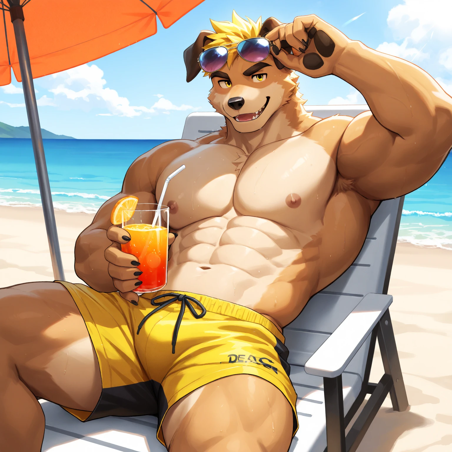 simba, a furry lion, furry, shirtless, muscular, male, masculine, red hair, yellowish fur, long lion tail, brown eyes, hands up behind head, red hairy armpits, cartoony, illustration, sharp focus, smooth colors, medium length hair, two blogs haircut, young guy, swimming trunks, red swimwear, topless, big pecs, alone, single, smooth lining, lying, sandy beach