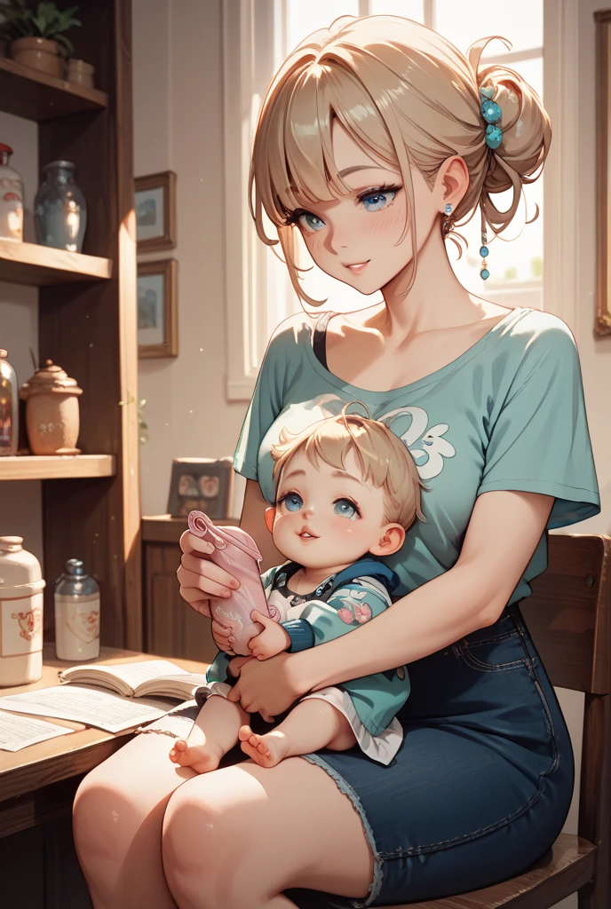 anime colored,haruka (senran kagura),sweater,apron,gigantic breasts,(Holding a baby:1.5),Smile,((house wife)),baby