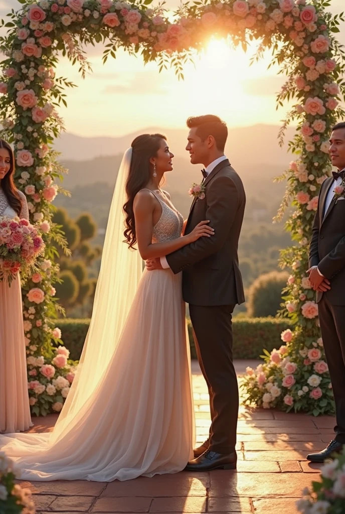 Generate images of lesbian wedding of muscular brown women with one bride in tuxedo