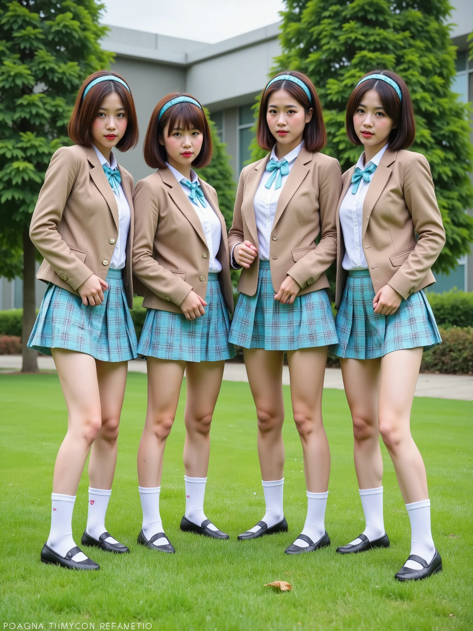  ultra high resolution,  realistic ,  very detailed,  The golden ratio,  top quality , 4 people standing full body shot , (  promotional photo shoot   ), ( standing),  4 people standing on the floor blushing loafers, ( 4 beautiful female students ),  beautiful face, ( realistic な face), ( shortcut:1.3),  Japanese ,  short hair,  headband,  glare, grimace,  Saliva Comes Out When You Raise Your Butt,  long tan,  Verbal Invitation , compensate, grimace, grimace,  Surrealism ,   first-person view ,   first-person view , wide angle from camera,  ultra high resolution,  anatomically accurate human in front of the lawn ,  very detailed , 16 kg,  4 people in the same uniform , brown jacket, wearing high school uniforms and shirts   , (sky blue plaid skirt ), ( with arms unexposed ), Can't see through, (have broad thighs),( navy socks), (blushing loafers ),(skirt flip),( Side tongue in white pants )