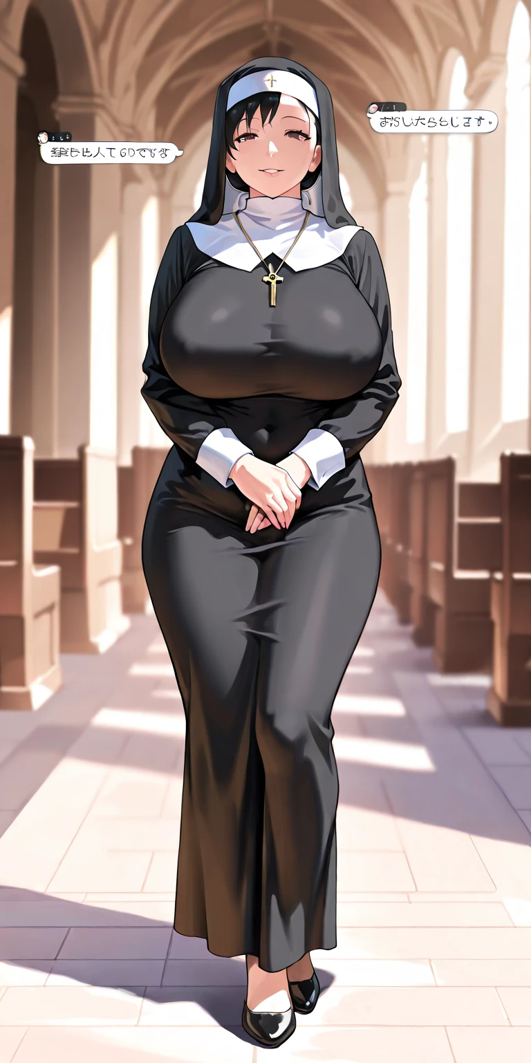  a woman nun giant big breast sexy bored serious sad emo sleepless eye sleep tired black hair short short her pink eye wears a suit nuns damaged scratch broken shows navel and a long black skirt damaged broken dirty burned