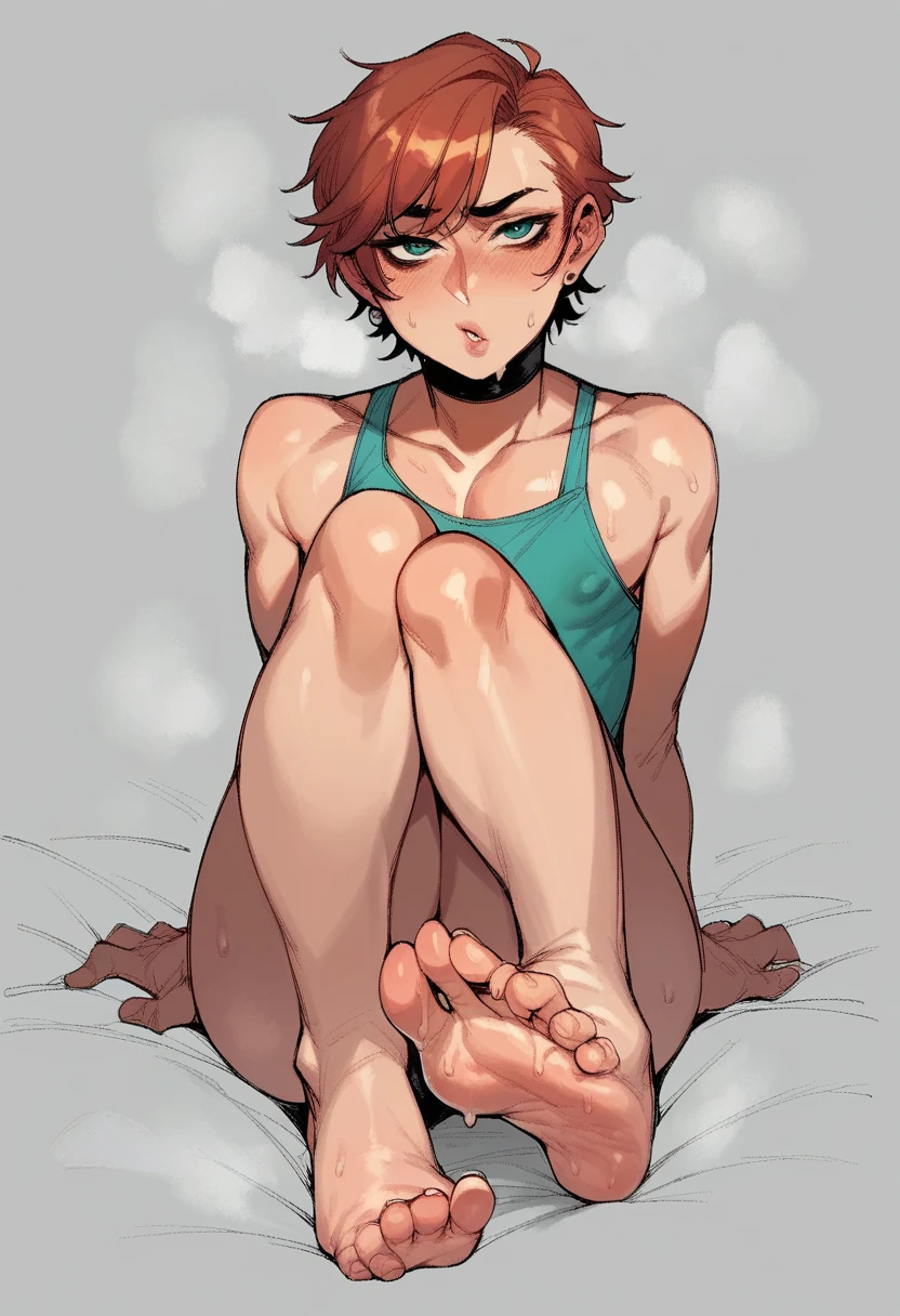 Petite, short, red hair, green eyes, dark skin color, small perky tits, completely naked, tomboy,