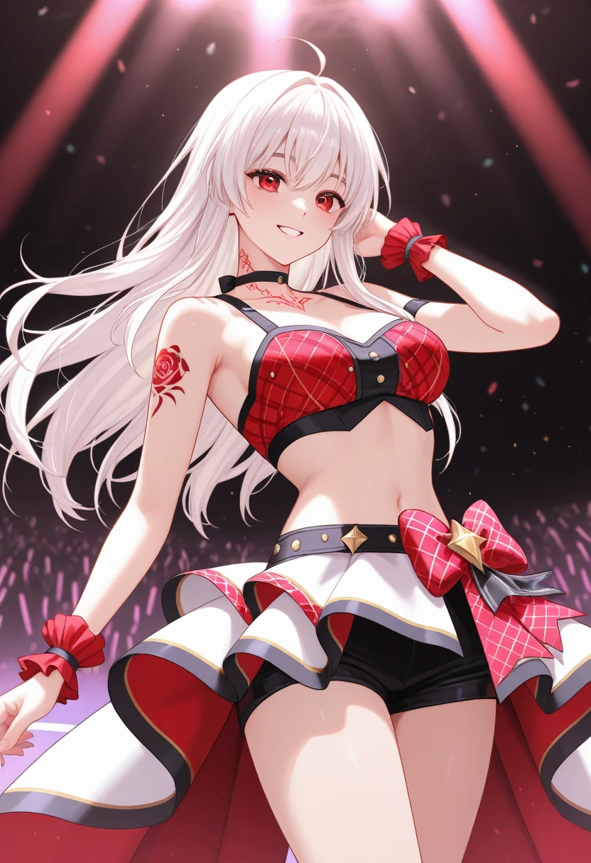 absurderes、ultra-detailliert、masterpiece、top-quality、BREAK、Official art、(Beautifully Aesthetic:1.2)、(watercolor paiting:Curly)、BREAK、Devilish Pretty Girl 1.2、a beauty girl、(kawaii:⒈3)、sixteen years old、BREAK、((Red and white hair color:1.4))、BREAK、striated hair、((Random hairstyle:1.2))、(Splash)、(フラクタルアート1.3)、BREAK、Cat's ears、A sexy、(Ultra-detailed hands and fingers:1.2)、BREAK、(Carefully written hands and fingers)、((Chinese ruffled skirt and open chest((colourfull)):1.2))BREAK、((heterochromia iridis、BREAK、Variegated eyes))、BREAK、Since a while ago:1.2、randome pose、BREAK、((stick out buttocks))、shyly smile、red blush、Happy smiling face、BREAK、Look at viewers、((Cute with super complex embroidery pattern((blanche))lace string panties:1.2))、BREAK、((AI Concert:1.4))、BREAK、BREAK、Neon glowing lighting on ultra detailed background、BREAK、(Get the best professional stage backgrounds:1.2)、BREAK、profetional lighting、BREAK、Singing with microphone in hand、((Panchira:1.2)) Skirt Lift Up:1.2、Fan Service
