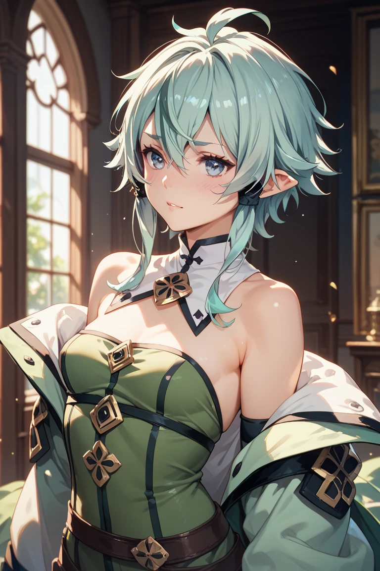 "(masterpiece、top-quality、realisitic)、(intricate and delicate、high detailed skin and face)、kindly smile、piercings、((green eyes and very short hair:1.2))、Fur and navy coat、The background is an old church、Cinematic soft lighting、8K Hi-Res CG"
