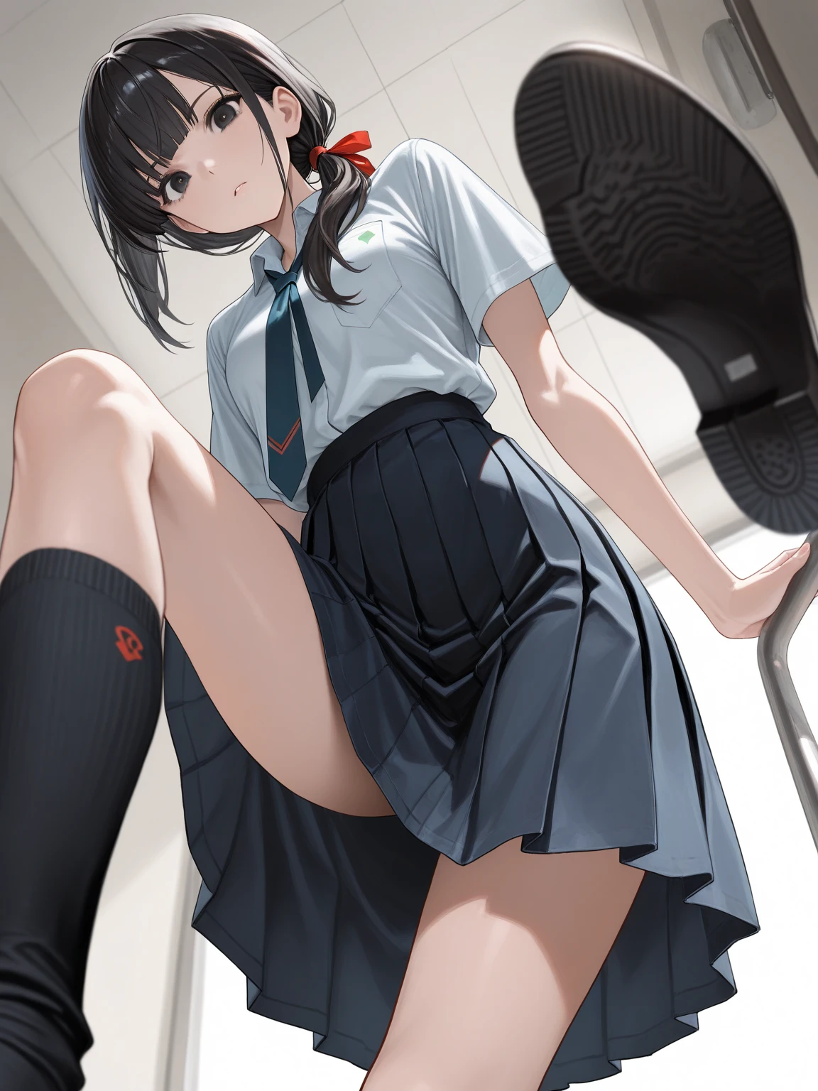 In underwear,Yukimi, 10 years old., Blunt bangs,Shortcuts,Black Hair,,Flat Chest, Expressionless, shy, whole body, Highest quality, School classroom、Angle from below、stand、Cute Bra,(White panties:1.4)、Embarrassing,Put your hands behind your back