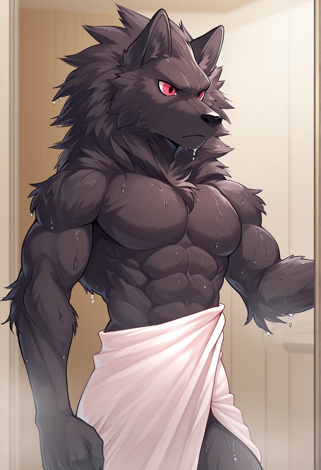 2d, masterpiece, best quality, 4k, 8k, ultra highres, raw photo in hdr, sharp focus, photo realism, real life like, detailed background, wolf anthro, naked wolf (((towel, black body, all black fur, no white fur, no fur pattern, plain fur, plain black fur, black fur, very long hair))), muscular male, big nipples, black nipples, tongue out, sweat, (standing:1.2), dilf, daddy, fangs, big breasts, massice biceps, detailed big nipples, wide waist, broad shoulders, strong thighs, white teeth, black hair, very long hair, beard, very large hands, , sauna, detailed background, hi res, perfect golden eyes, (by darkgem, by takemoto arashi, by anhes), Negative prompt: boring_e621_fluffyrock_v4, bad-hands-5, deformityv6