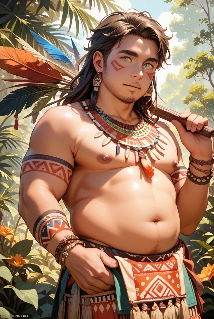 a muscular male north american indian warrior, erect penis, highly detailed, realistic, tribal tattoos, feathered headdress, dust in the wind, dramatic lighting, cinematic composition, moody colors, vibrant, 8k, hyper detailed, photorealistic, masterpiece