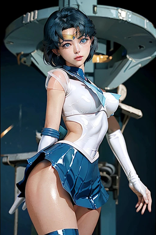 A detailed portrait of Sailor Mercury,  beautiful detailed blue eyes, long eyelashes, beautiful detailed lips, extremely detailed face and features, (( short blue hair )), sailor uniform, (white panties tucked in from the crotch, shaved) in a futuristic cityscape, lights neon, glowing energy effects, cinematic lighting, hyperdetailed, digital art, from below, from below, 8k, high resolution, masterpiece, accurate, anatomically correct, textured skin, high details, best quality, high resolution
