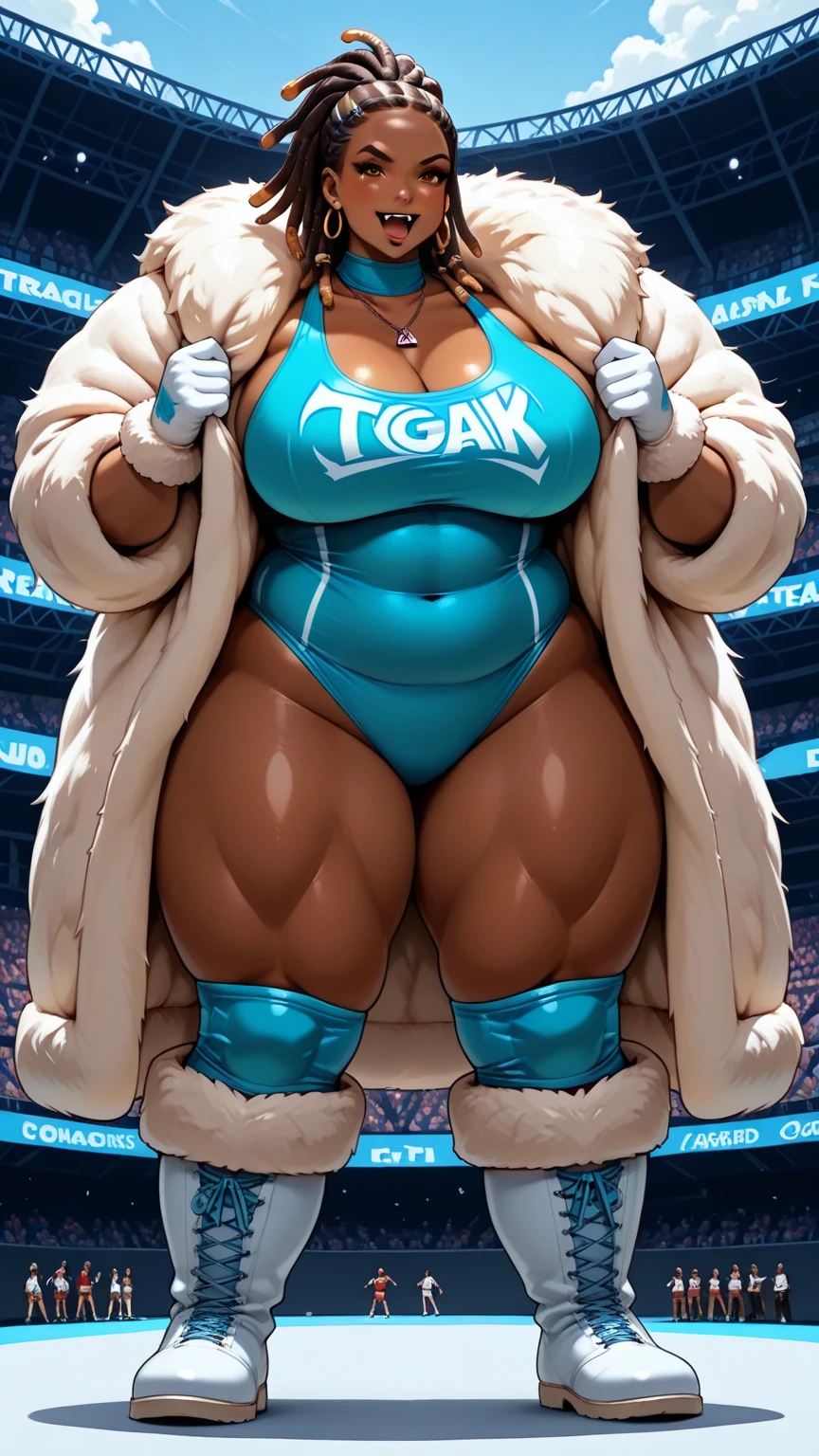 ((Dark skin)), dark skinned female, ((giantess)), ((strongfat)), ssbbw, obese, ((strong arms)), white hair, blue eyes, ((tall)), (gentle smile), (wrestling gear), gigantic, insanely large belly, sweaty, subtle blush, (bare arms), ((gigantic biceps)), ((flexing)), leotard, fingerless gloves, wrestling ring background, ((far away subject)), subject is far away, subject is in the middle of ring, clear face, large eyes