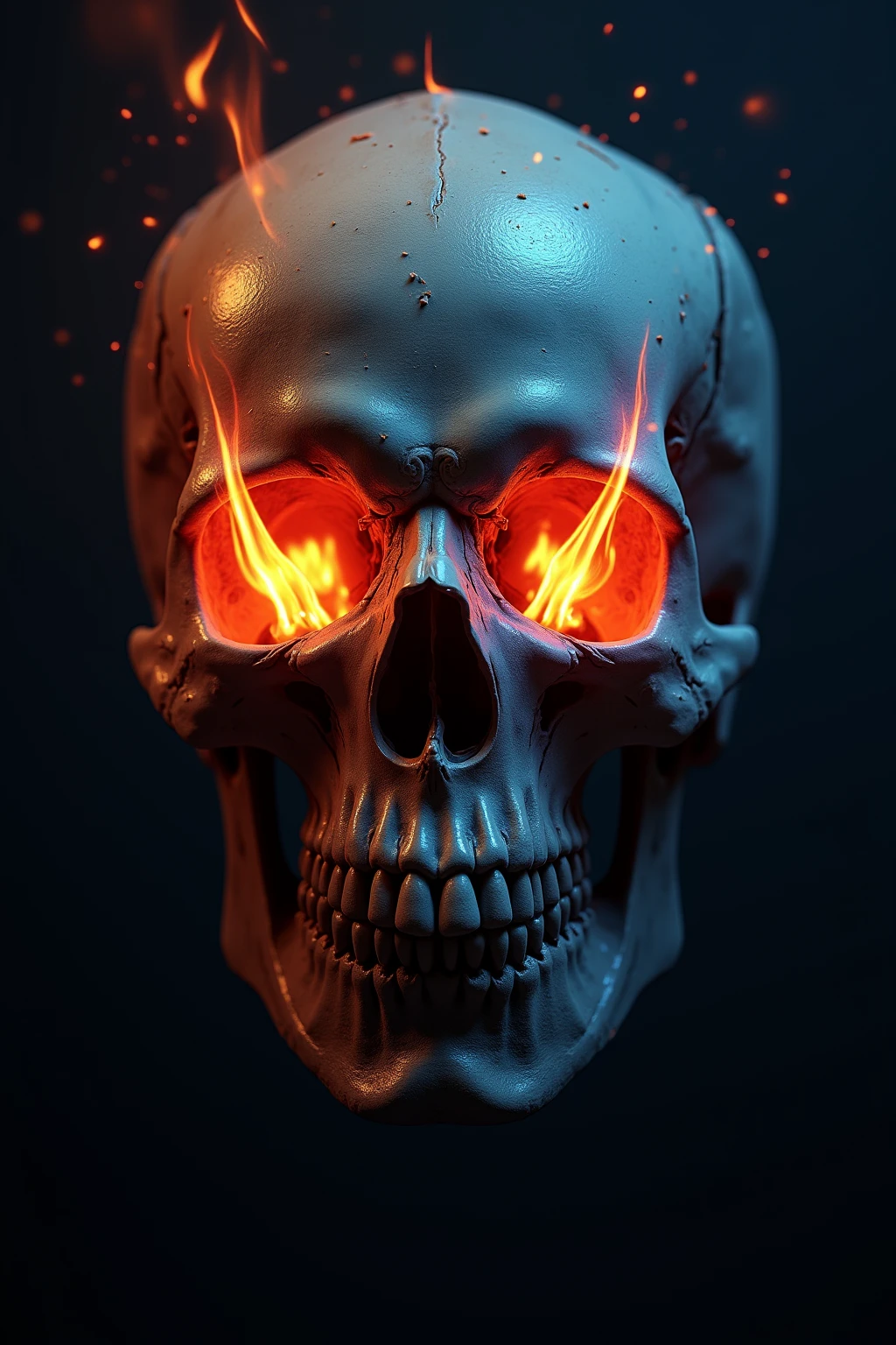 close-up, scull, burning eyes, dark background, flames in the eyes