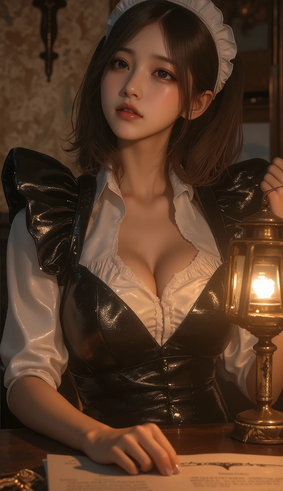 anime, Conceptual art, cinematic lighting, Canon, Nikon, 8k, super detail, 4K, best quality, award winning, anatomically correct, (detailed beautiful eyes and detailed face, masterpiece side light, masterpiece, best quality, detailed, high resolution illustration), ((hyper detailed anatomical eyes)) ((sadayo kawakami)) in maid dark suit, standing in big luxurious dining hall, blushing puff out cheeks