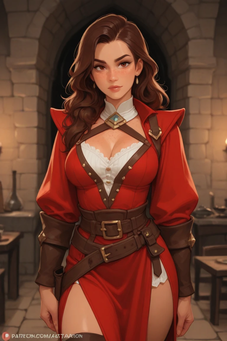 Thin woman, age 25, 4K (High definition), thoughtful, seducing gaze, eyes browns, wearing medieval dress (red and white edges) with a boat neckline and long sleeves, arms positioned behind the body, choker on the neck, brown belt, Caucasian skin, red hair in a long ponytail, standing (upper body), full of curves with freckles across her chest and neck, big natural round breasts. Marvel style high quality, white background.