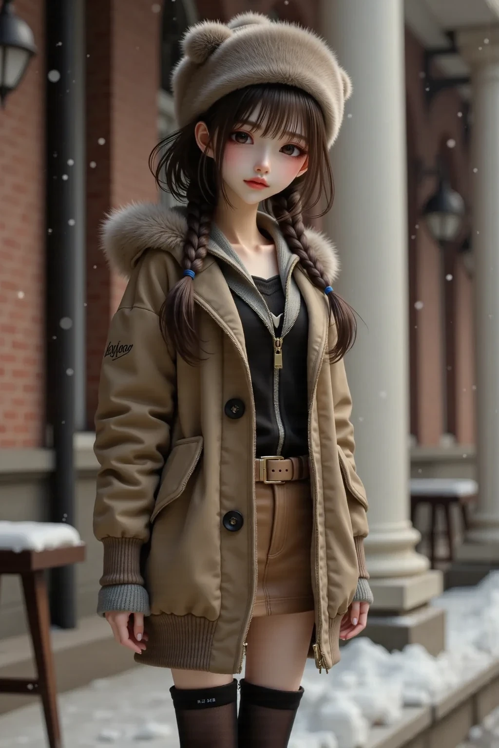 cute trumpet,Wearing a red coat,Carrying a small white school bag,Wearing a gray hat