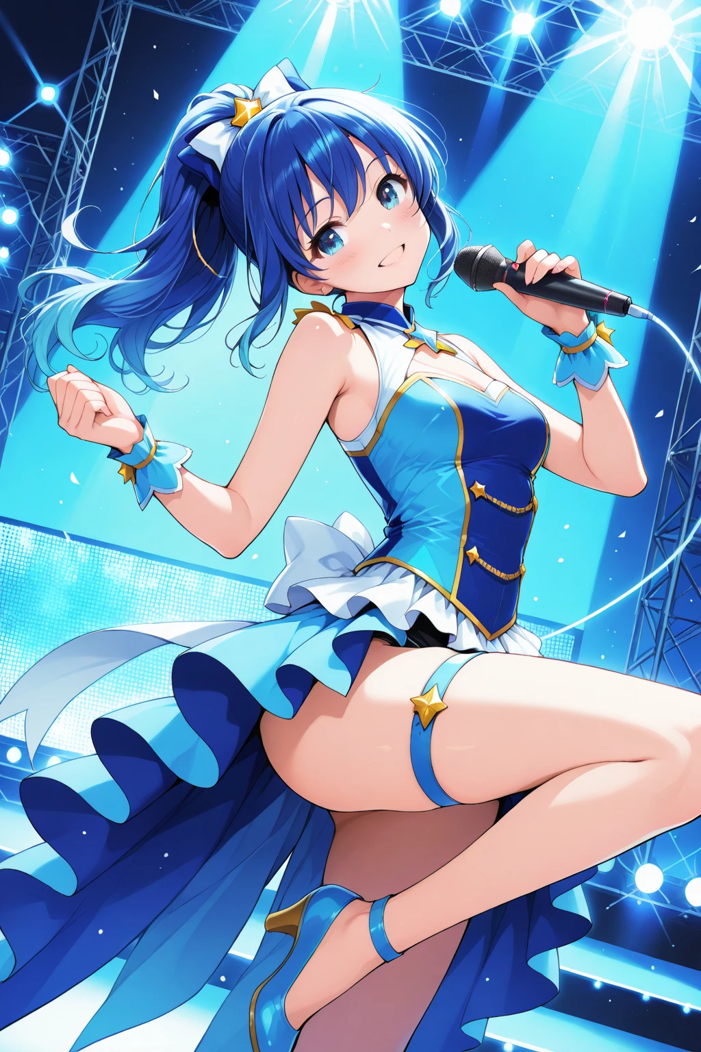 Illustration, cinematic light, high resolution, best quality, ultra detailed, detailed face, (detailed eyes), highest quality, super detailed, masterpiece, (detailed face), pretty face, best smile, sexy mature woman transparent (cute t-shirt), choker, , D cup, cleavage: 2, NSFW, high heels, blue eyes, neon small shiny hair ends, striped hair, ruffled mini skirt, AI fantasy concert, glowing lighting with neon details, holding a microphone in left hand and singing: 15, black magic 💕, (live stage: 1.15) in the background audience, butt sticking out and singing, light reflection, heart-shaped iris, playful eyes, open shoulders, rain, (wet body), small glowing butterfly, hair jewelry, panties, (cute embroidered white string panties)
