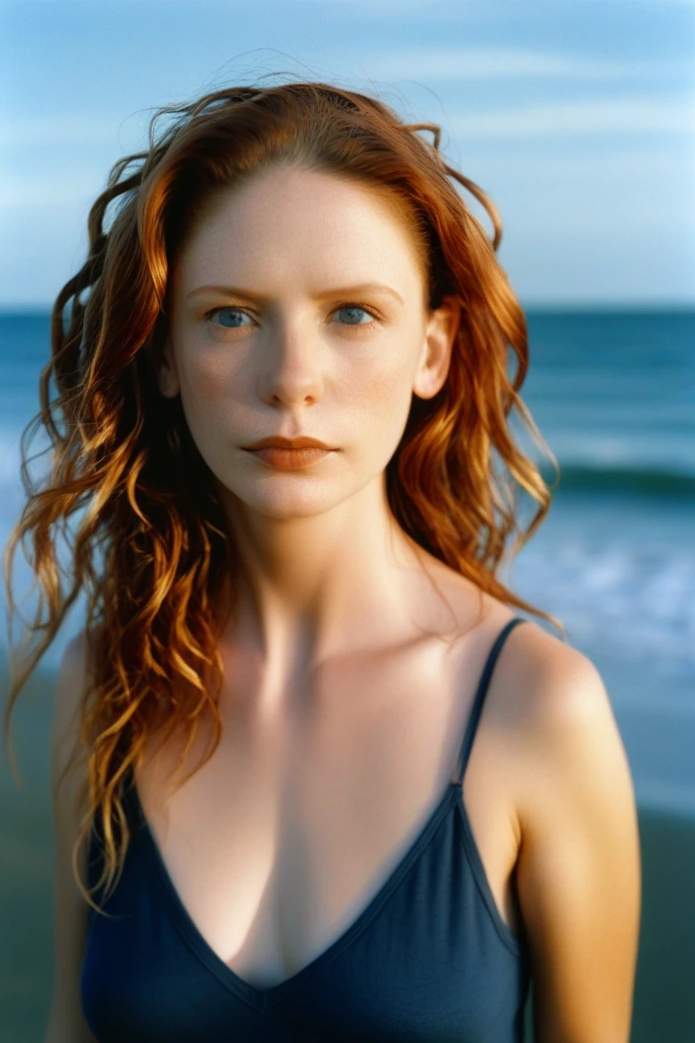 photo of beautiful sks woman, hyper realistic photograph, detailed face,film grain, Kodak portra 800, f1.8, intricate, at the beach, <lora:locon_felicia_v1_from_v6_64_32:1.4>