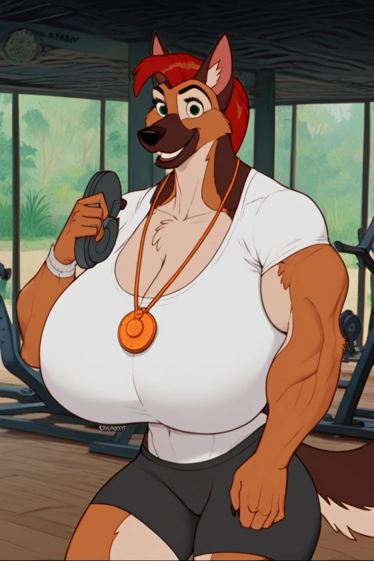 4k, high resolution, best quality, masterpiece, perfect colors, perfect shadows, beautiful and detailed portrait of a (((feminine))), perfect lighting, posted on e621, (by Chunie, by Einshelm), furry, anthro, furry art, ((portrait)), Beautiful brown eyes, fit body, perfect masculine body, detailed scales, detailed face, ((Bonifasko lighting)), (detailed eyes), perfect pupils, Tall, Long brown hair, messy long hair, Wide hips, big legs,huge ass, (huge breasts:1.3), Arms white female, fox, fox girl, Goth, goth collar,((muscular body:1.2)),((strong abs:1.2)),((bulging muscles:1.2)),((huge biceps:1.2)),((huge breasts:1.2)), (giantess:1.2), macro, body size growth, body size transformation,(huge:1.2),gym,workout ,sport bra,(huge balls1.2),visible nipple, huge cock,(huge cock:1.2),naked