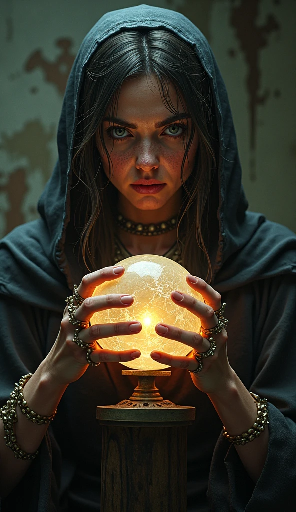 Une belle femme voit l'avenir d'un homme avec une boule de cristal rayonnante. Elle porte un capuche marron avec la poitrine ouverte, une chemise blanche transparente, une faible lumière orange derrière elle, un crâne humain près d'elle, un crâne au-dessus du bureau, un livre ouvert. , des bougies allumées, un sablier et une vieille carte du Maroc au-dessus du bureau. Light skin