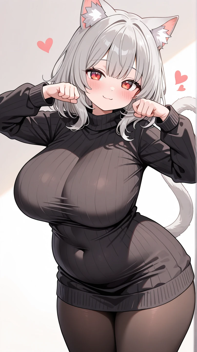 1woman, Holopunk Style, perfect white hair, masterpiece, highest quality, indoor, shy, embarrassed open mouth wavy grin, disheveled twintails, compensate, is standing, Pause, blush, (tight thigh-length Black T-shirt, White striped sleeves, tiny cartoon skull logo blocky art style), ((big breasts, big ass, wide hips)), (((front side facing image, hands resting on chest,))), 