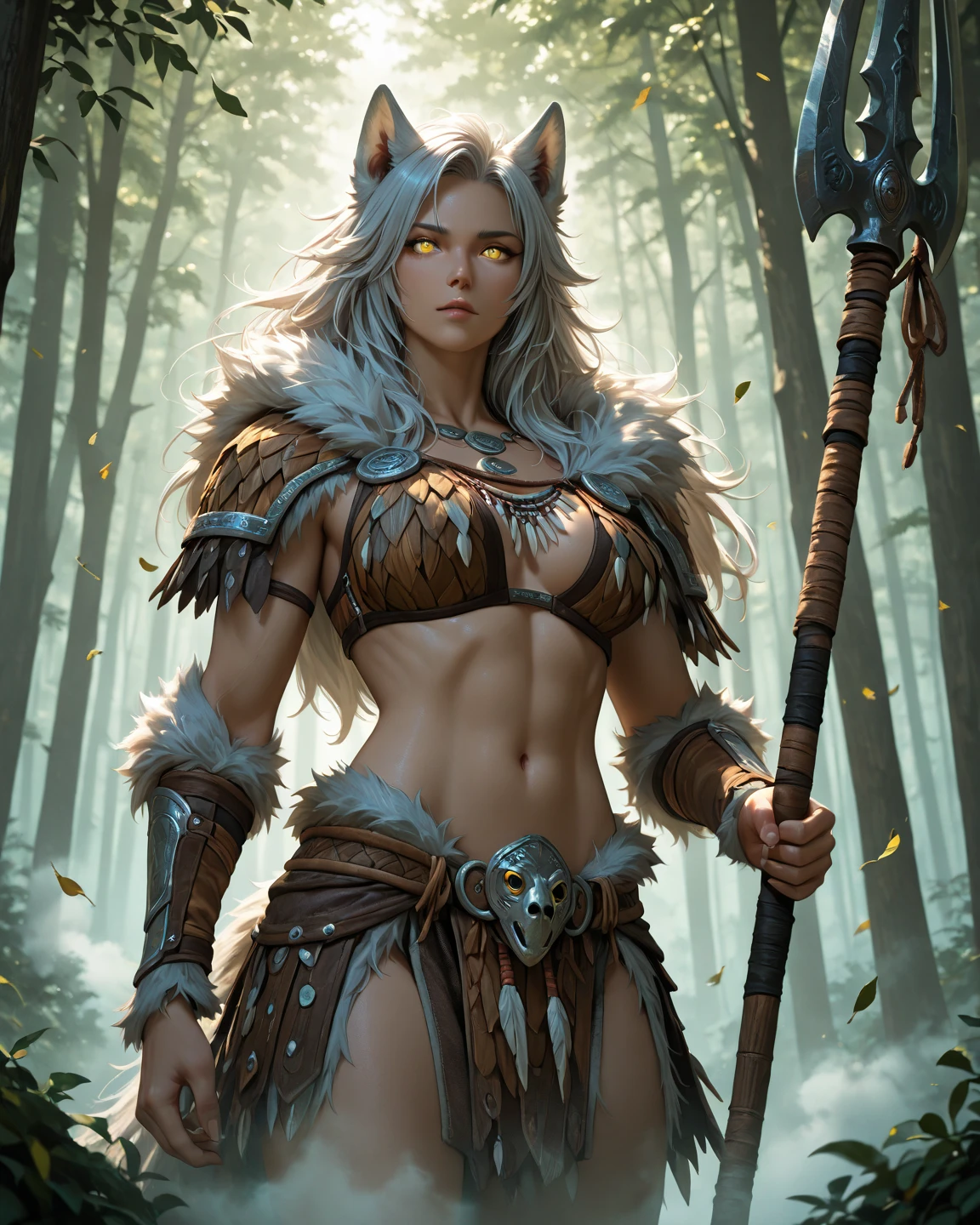 full body shot, (best quality,4k,8k,highres,masterpiece:1.2), ultra-detailed, (realistic,photorealistic,photo-realistic:1.37),(Numerous award-winning masterpieces, incredibly detailed and textured, maximal resolution and clarity), (Hyper-realistic:1.4), (Realistic:1.3), super quality, beautiful detail, super detailed, extra fine, 16K, exquisite, absurd, high resolution, a woman with horns, platinum blonde, pale green eyes, female shaman, muscular female druid, a very beautiful berserker woman, female druid, female forest druid. wearing orange fur, (teal green top), leather top, leather bra, shoulder armor, pelvic curtain. detailed face, beautiful face, orange fur.  Show her standing on a mountain top in a dramatic pose wind whips at her clothing as a storm rages around her, lightning flashes in the background and heavy rain pours down, she holds one hand up to the sky casting a spell, magic runes float in the air around her. exaggerated dramatic pose 
