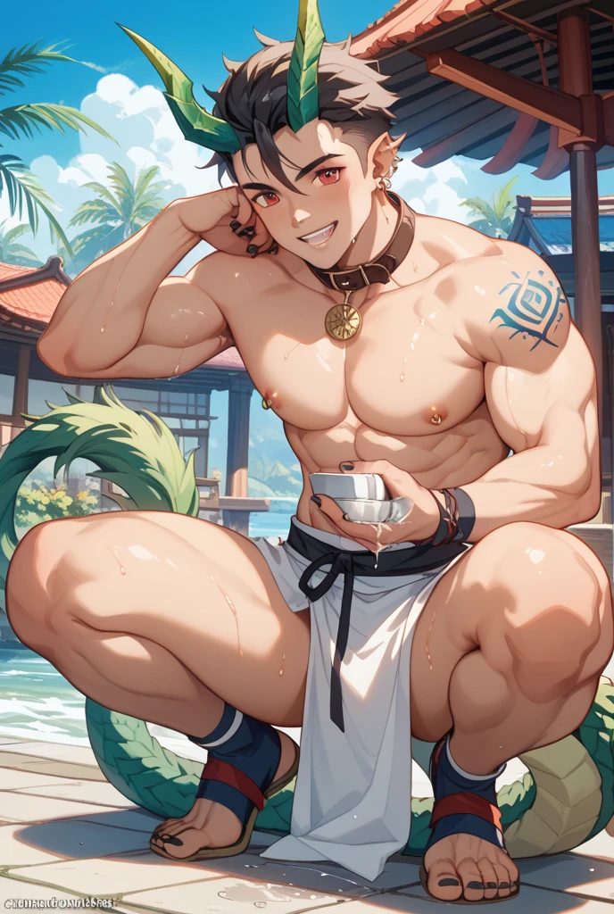 (Green short hair), (((male centaur))), ((bodybuilder)), ((very muscular)), ((broad chest)), ((thick pectorals)), abs, (((small waist))), ((big biceps)), ((large )), ((glans)), ((testicles)), ((nipple piercings)), (((tropical forest))), (((nepenthes))), orchids, tending, caring, collecting, (veiny horse :1.0), extra arms, ExtraArms, tanned skin, erection, flaccid , erected , mature, dapper