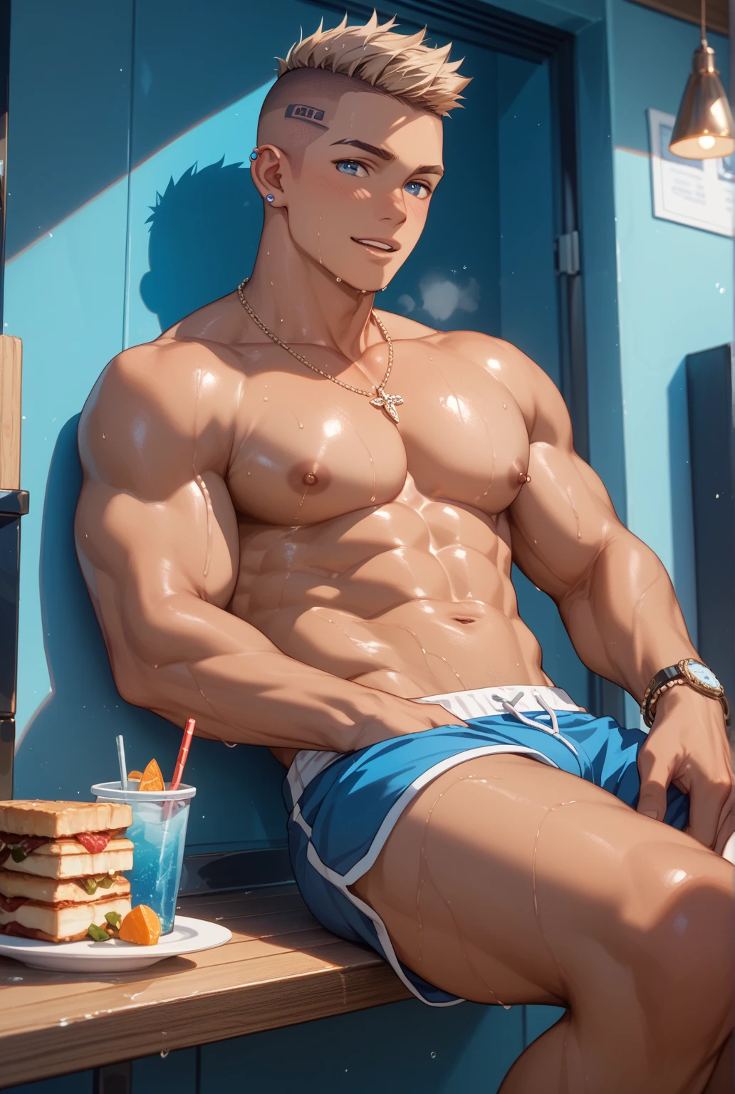 1 male, high resolution 8k, adult, handsome, perfect face detail, detailed eyes and face, clean shaved, sixpack realistic, white eyebrow hair, white eyelashes, dynamic lighting, unreal engine, hd picture, satoru gojo, Jujutsu kaisen, white hair, short hair ,hair between eyes ,blue eyes, white skin, trunks, Hold the orange juice drink, Sunglasses