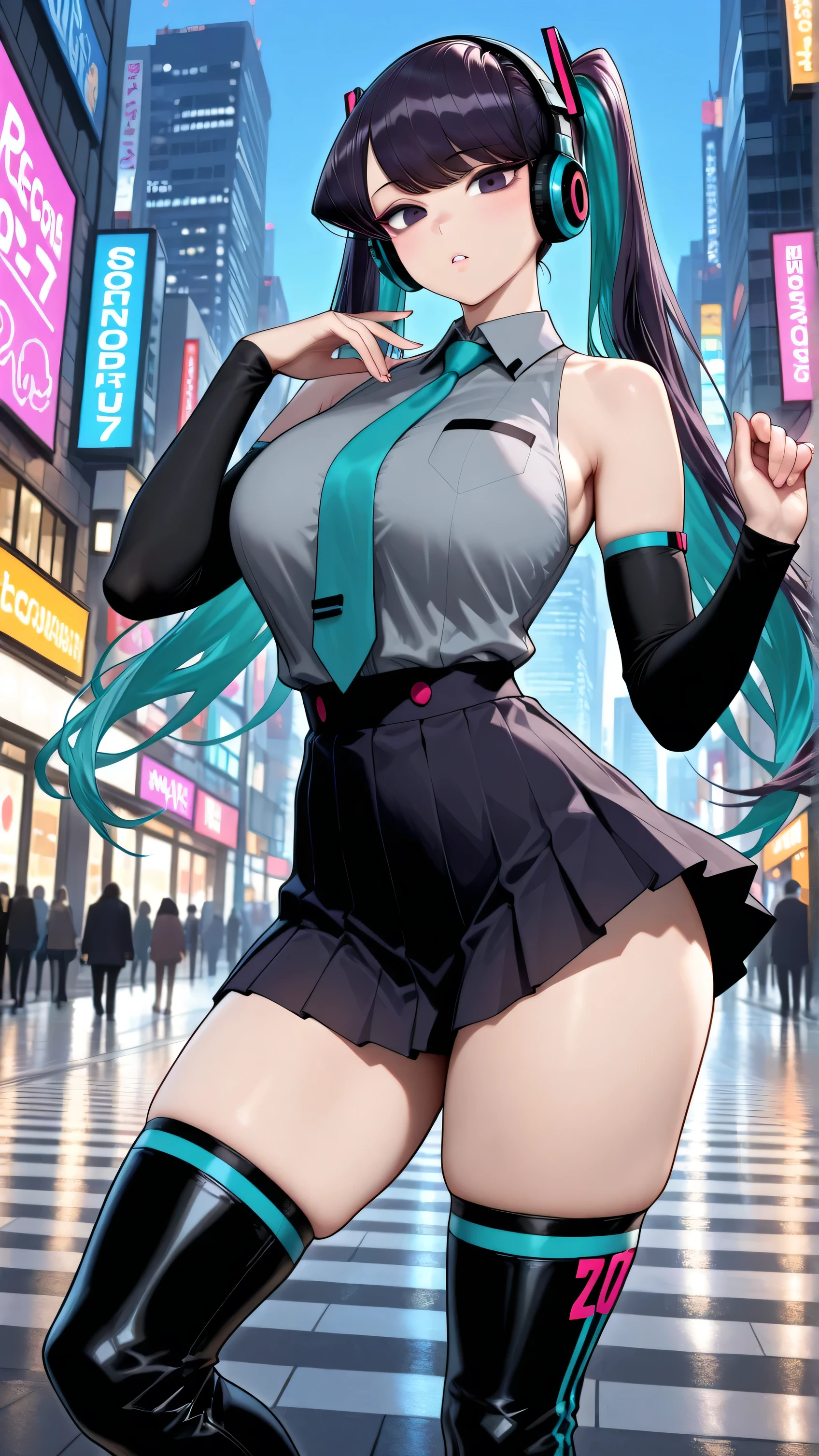 realistic image, coherent image, detailed image, 1 beautiful elf, She has black hair, long hair, turquoise eyes, her face is oval and delicate, Blushing, smiling, She is wearing a transparent sleeveless shirt, plaid pleated miniskirt, stockings to mid-thigh, sneakers. She has a curvy body, medium breasts, thick thighs, shy pose, black bottom,