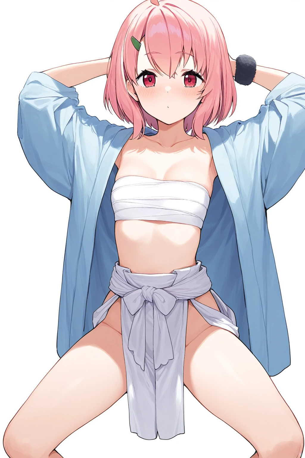 masterpiece, Highest quality, Cute Mature Woman,Small breasts that are just beginning to grow, Scrunchie hair ornament, Twin tails,Large areola,とんがったNipples,plain cotton panties,hoodie,,Patterned knee socks, necklace, skinny , Nipples,((showing off lace panties)),(Nipplesが透けて見える))