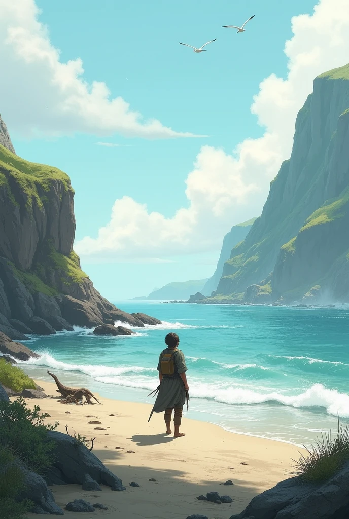 A white man , man on his back, shipwrecked, a man on the deserted beach sand, stepping on the sand, Ship wreckage, vegetation on the island horizon, man is wearing beige thong, leather thong, muscular white man, wearing no shirt, They are walking in the background, tension , Maximum quality, seen from a distance, supper , wooden ship, standing alone, unknown and mysterious island, bones and ruins , survivor, Bblack hair, enslaved, Caucasian skin. Poster Maximum quality, effect
