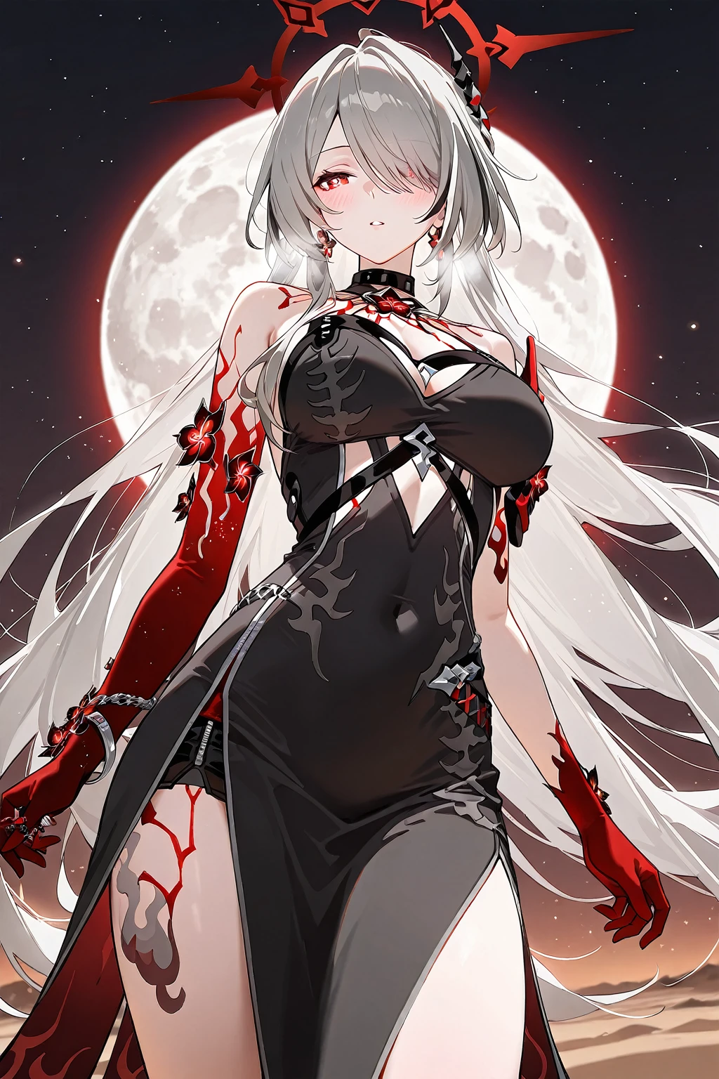 Character design, female, long black hair, white hair strands, wearing a short white lace dress with spaghetti straps, red eyes, small frame, very skinny, detailed, best quality