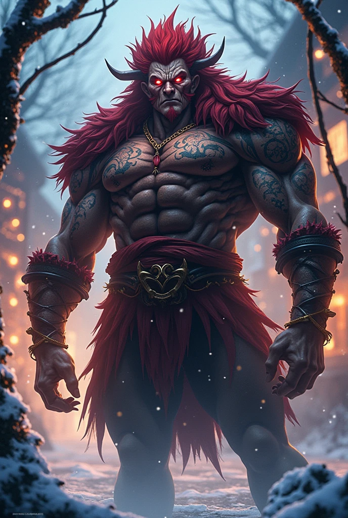 Create a highly detailed character illustration of "Itzanma," a towering and muscular Goliath standing nearly 2.5 meters tall. Her presence is both imposing and proud, with jade-green eyes that convey a deep sense of confidence. Her skin is a typical gray of her race, resembling stone, with darker streaks that add to her rugged appearance. She has fiery red hair and wears a mix of tribal and modern attire.
On one ear, she has bone earrings, while a feather adorns the other. Around her neck is a leather collar, and her biceps are wrapped with leather rings. Her upper body is clad in a tight, tanned leather top, and she wears leather pants that match. A wide belt secures a dagger, a pouch, and various tools at her waist. Her feet are protected by a large pair of sturdy boots.
Itzanma's body is marked with significant tattoos: a bear paw over her heart, a swirling vortex on the palm of her right hand, and a sun on the back of her left hand. She also wears a modern-style blue leather coat, draped over her broad shoulders. Strapped to her back is an enormous, curved obsidian greatsword, wrapped in various bindings.
The character should be depicted in a powerful stance, exuding strength and confidence, with the environment complementing her tribal yet modern aesthetic.