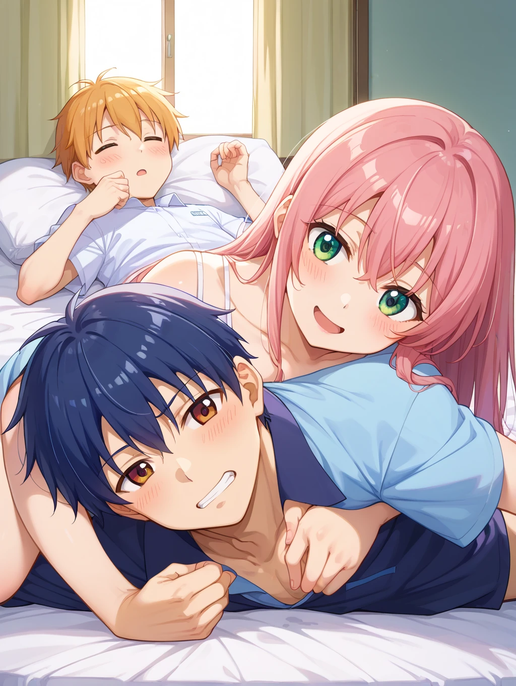2 women, 1 small boy, tall big woman sitting on the boy, the boy be tied on bed, the woman tickling the boy, the blind on the eyes of the boy, gag on the mouth of boy, on bed, q young boy, 2 women tickle him, blind on the boy's eyes, blind