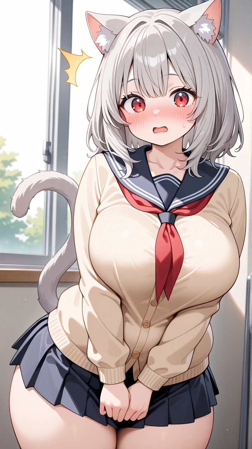 highest quality, Super detailed, masterpiece, Ultra-high resolution, 8k, Ridiculous, Cowboy Shooting, Focus on the girl, Embarrassing, blush, Lovely, Close one eye, With tears in her eyes and her mouth open, drooling, (arms behind head), (wariza),Classroom Background, 1other, neferpitou, hunter x hunter, cat ears, sailor uniform, (medium breasts), (sagging breasts),(huge nipples), Black knee socks,Thighs,Waistline, (high angle shot)