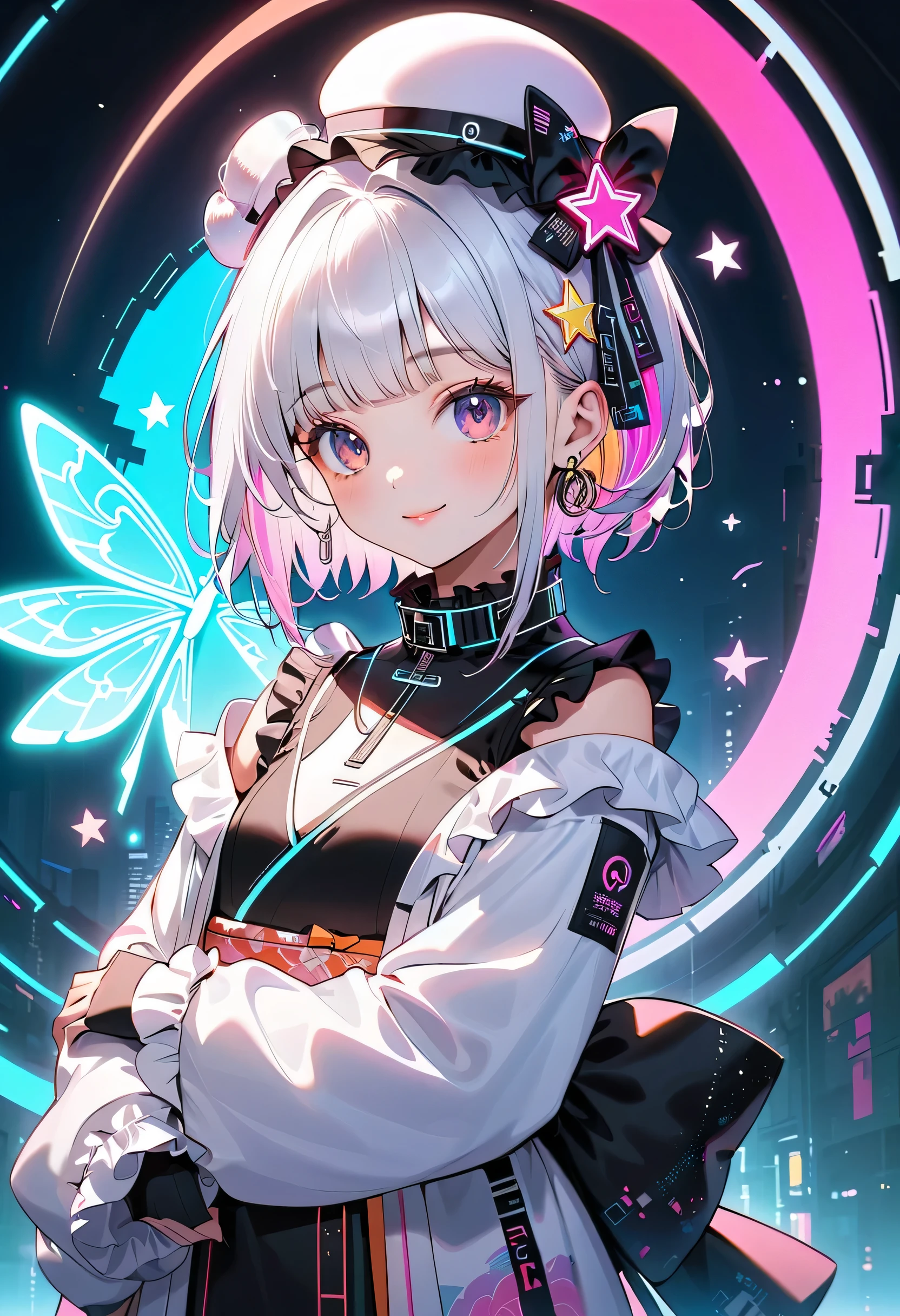 Front face facing the viewer、 cute young girls , best details, cute face,cute smile、 Beautiful appearance,  ((hologram、Shiny milky white hair)) 、beautiful attention to detail,(((Cyberpunk and kimono fusion)))、((neonカラーパレット)), ((neonカラースターチョーカー)), ((Ruffles on the collar  )), ((wear a cute cyberpunk kimono costume)), ((sticking out his shoulders,Long sleeves、Extended cuffs、Ruffles on the cuffs)), ((  Star Fairy)), ((Wear a colorful and cute cyberpunk gothic kimono costume)), smile,  World's Cutest Girl, star background, best details , Rainbow Hair Ornament, Vtuber character design, neon, Shine, sparkle、太目のneonカラーアウトライン、(((Little silk hat on her head)))、