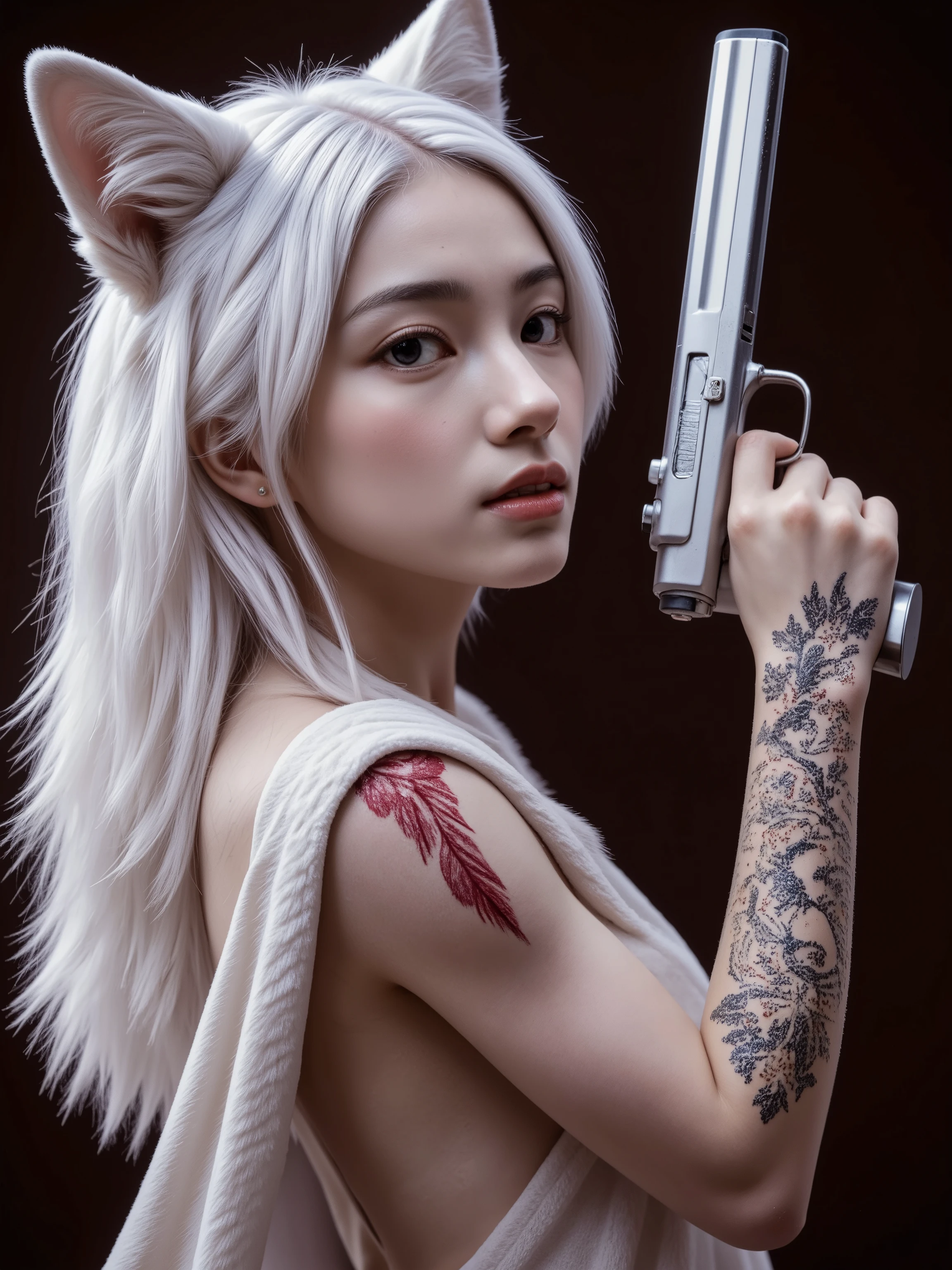 Tribal Girl Wearing White Wolf Fur, gun, white skin,  red tattoo, top quality, 4K, high resolution, Masterpiece, super definition, Realistic, HDR,  Studio lighting , Productive Depictions, Delicate Details, Professional, bright colors, Bokeh, Fantastic Scenery, fantasy, Dark Atmosphere, Primitive Red and White Tones, Tribal rituals