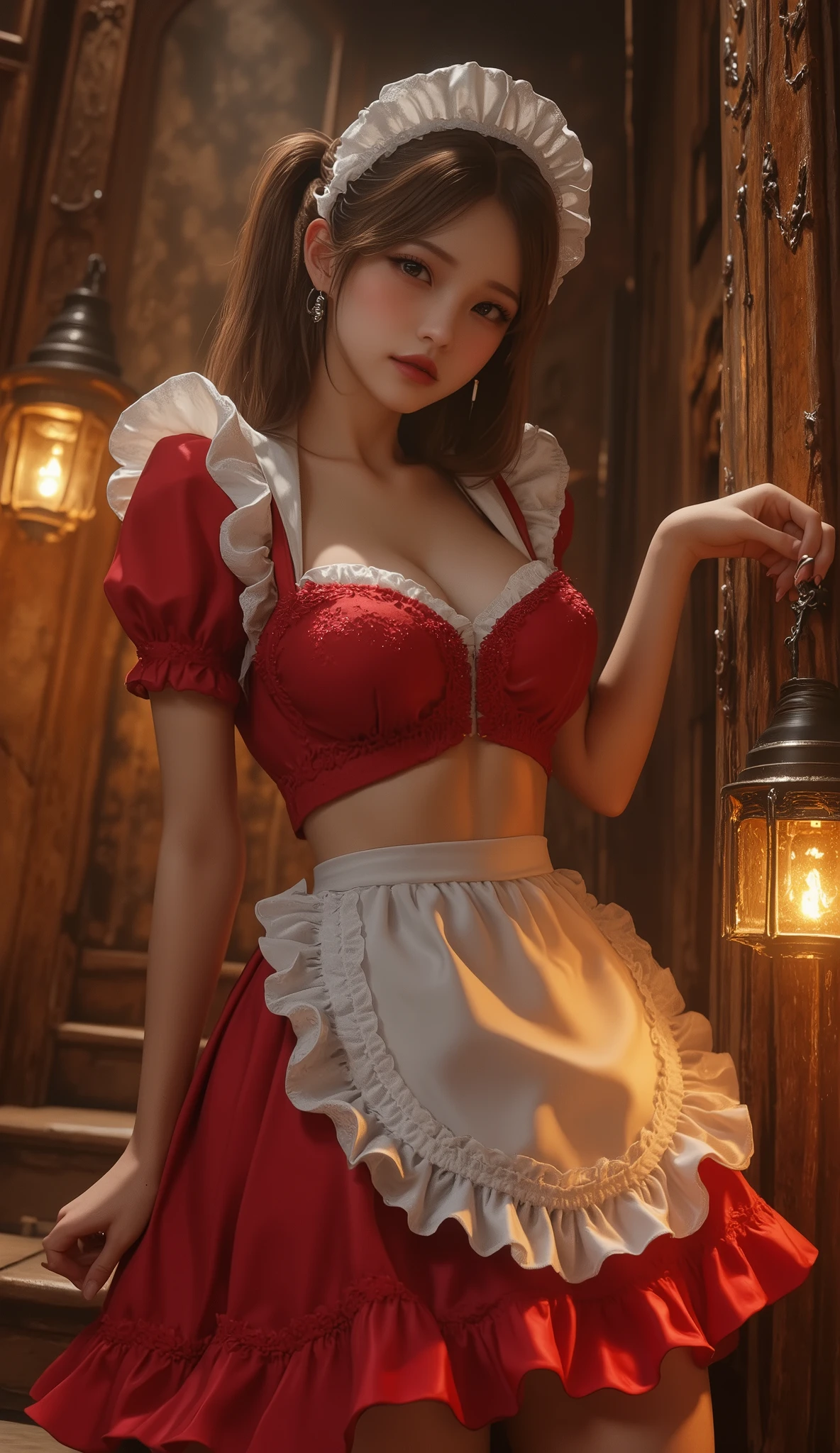 1 Beauty, Cosplay, Merchant, Big Breast, Cherry, Cleavage, Navel, Hands Back, No Depiction of Legs, Full Body, Smile, Torn, Heart, String-like, Handcuffs, Ribbon, Scrunchie, Omakase