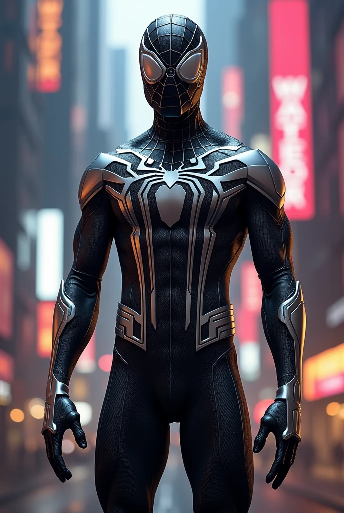 Create an image of an 18-20 year old male superhero in a bold, eye-catching black costume. The suit should cover his entire face like Spider-Man or Black Panther, with sleek, modern design elements. The costume should be entirely black, with striking accents and textures to enhance its visual impact.