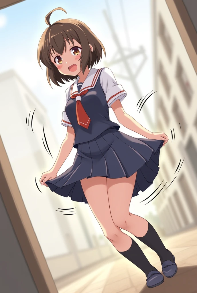 ((Table t○p, highest quality, Hi-Res Lucifer,Anime Screen Capture、Pixel perfect, 8k)))、nsfw、Perfect Anatomy、(((Huge breasts、Wide Hips、Wide ass)))、(((Bobcut、Blunt Bangs)))、(((Kicking、Jumping、Skirt flipped up by the wind、White Shirt、Black Mini Skirt、Blue striped panties、Skirt flipped up by the wind、Cyber Protector)))、Sweat, vapor,(Yellow Eyes)、((Black Hair)), V-shaped eyebrows、 ((((smile、blush))))、(In town)