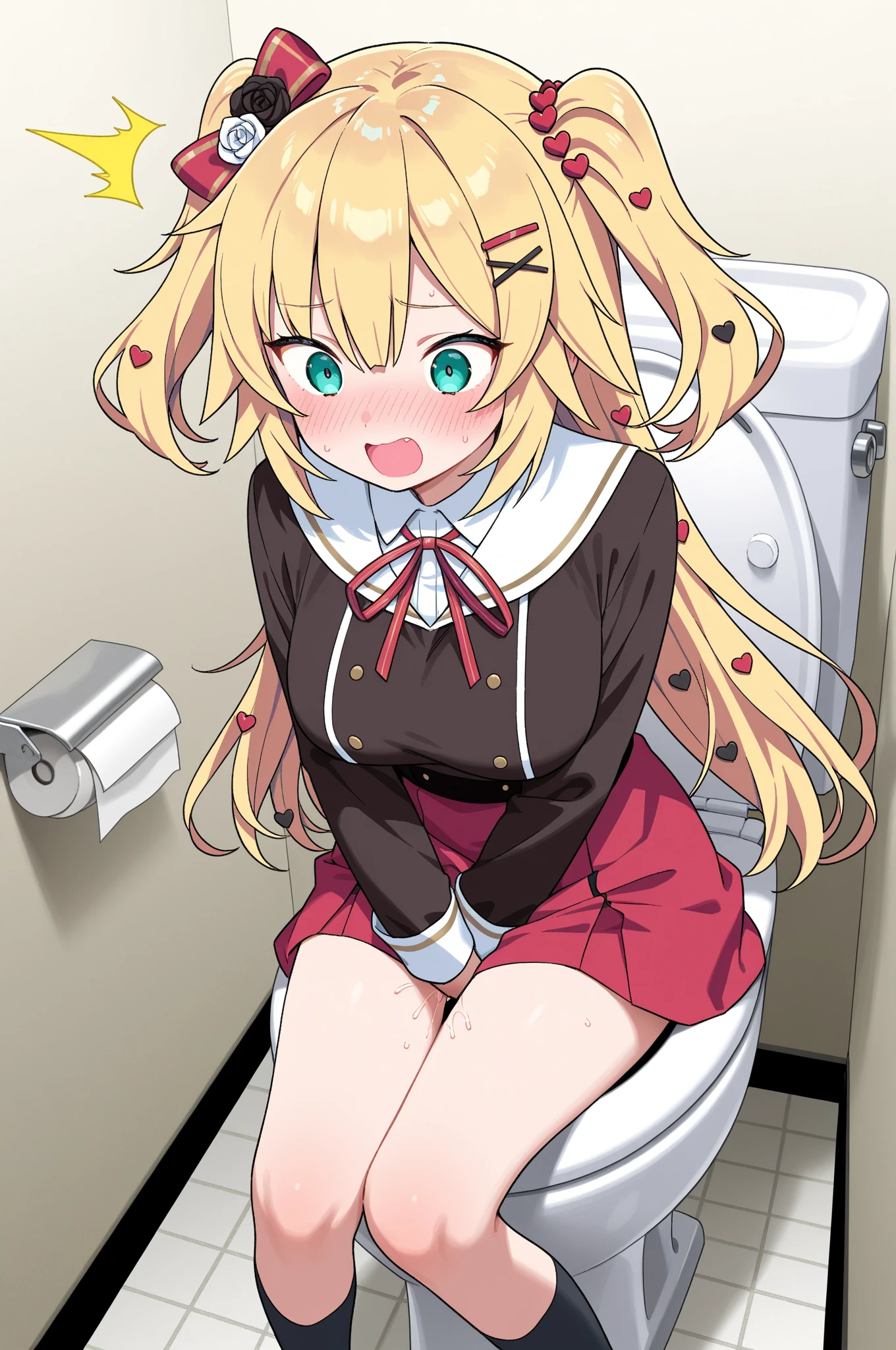 {{{masterpiece}}}, {{{best quality}}}, {{ultra-detailed}}, {nsfw}, {{an extremely delicate and beautiful、　beautiful detailed eyes}},((dress lift))blonde、half up、red eyes、small curve 1.2、cute 、Girl in a black dress、Hand in the crotch:1.5、（don&#39;t look at the audience、look away、looking to the side:1.3）、embarrassing、sweaty、blush、please keep your mouth shut、(sitting on toilet、、exposed ruffle panties:1.3)、Crotch fluid、from below:1.5、to close range