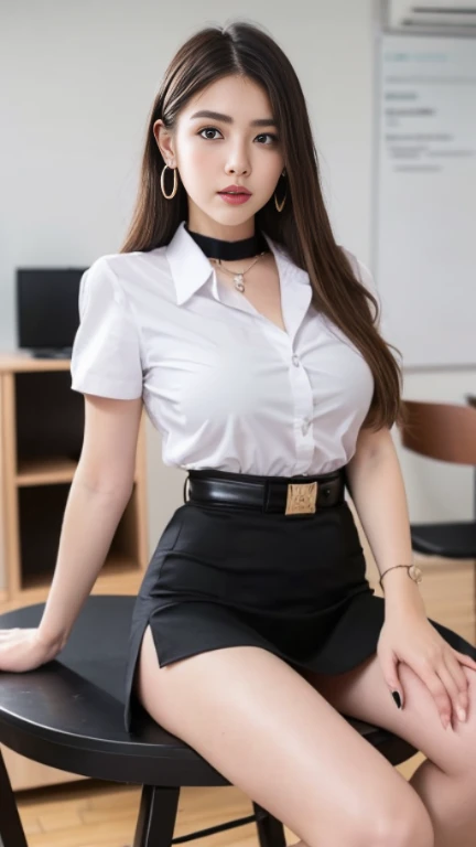 18 year old female, Masterpiece:1.4, long brown hair, (squatting:1.4), On heels, legs spread apart.), Lace underwear, gigantic bust:1.5, buttocks sexy hips, necklace, cute earrings, White short-sleeved shirt with button-down collar., brown belt, A tight black skirt shakes open.:1.3, black stilettos, On the table in the office, raw photos, in the dark, deep shadow, low voice, cool light,