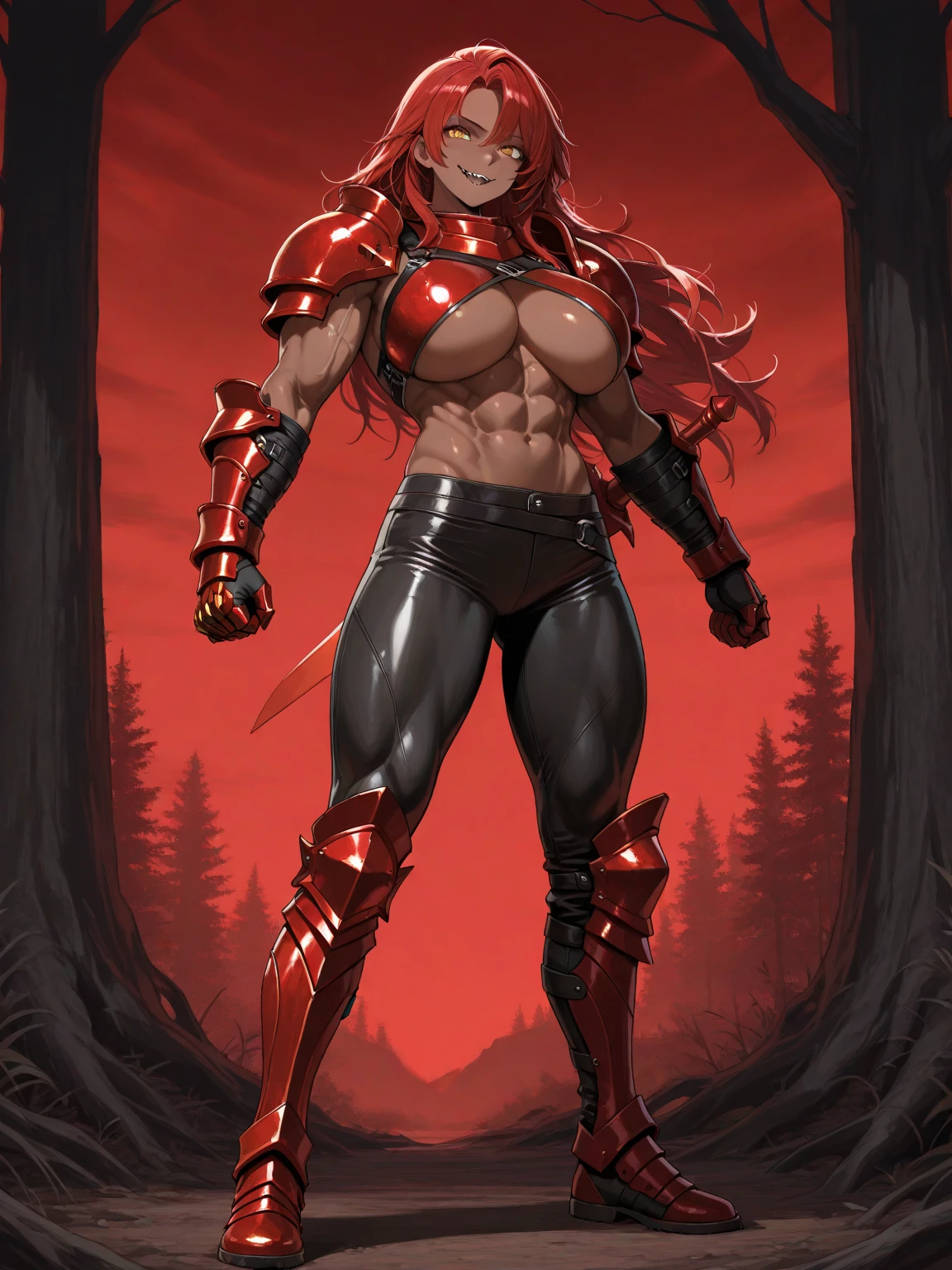 masterpiece, best quality, purple hair, pointy ears, female dwarf, collar, off-shoulder shirt, cleavage, brown leather vest, green pants, large breasts, walking, stairs, forest, night sky, boots, erected nipples, lustful smirking smile face red blushed red cheeks