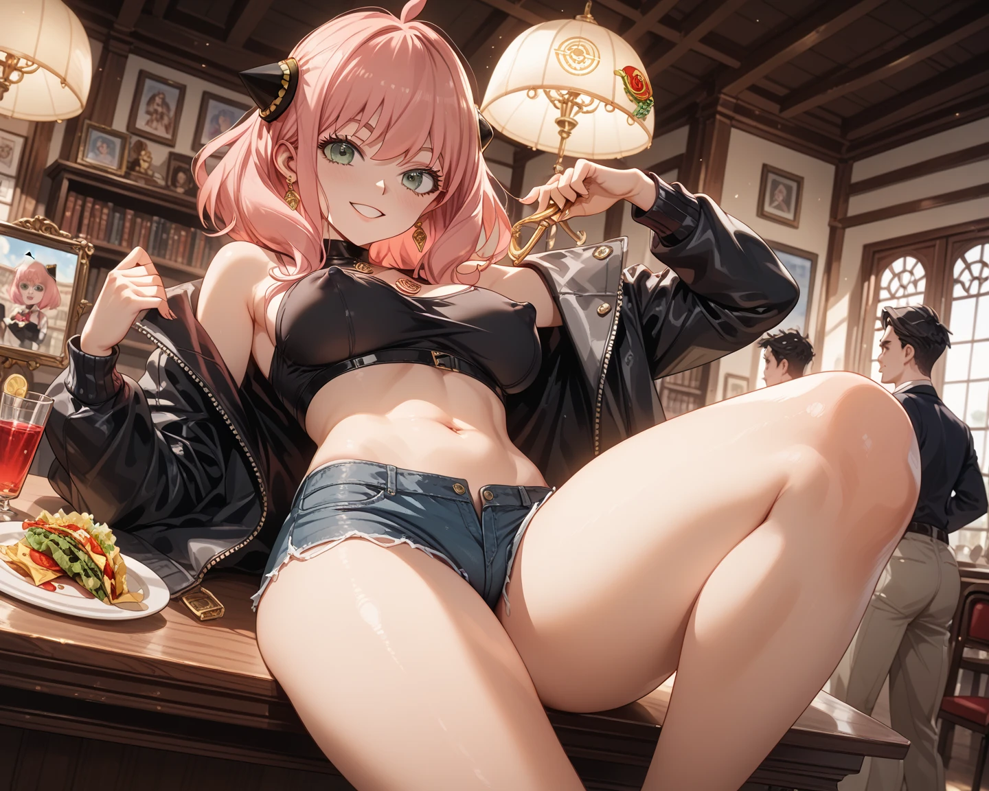 1girl, high resolution, high detail milf, view from above head, mature female, cowboy shot, looking at viewer, blurry background, indoor, in kitchen, brawn hair, red eyes, very long hair, ponytail, wavy hair, messy hair, cat ear, pink lips, collarbone, necklace, earrings, small breasts, standing, cleavage, bare shoulder, black stockings, thick thighs, wide waist, black leather jacket, black bra, stomach, black denim shorts