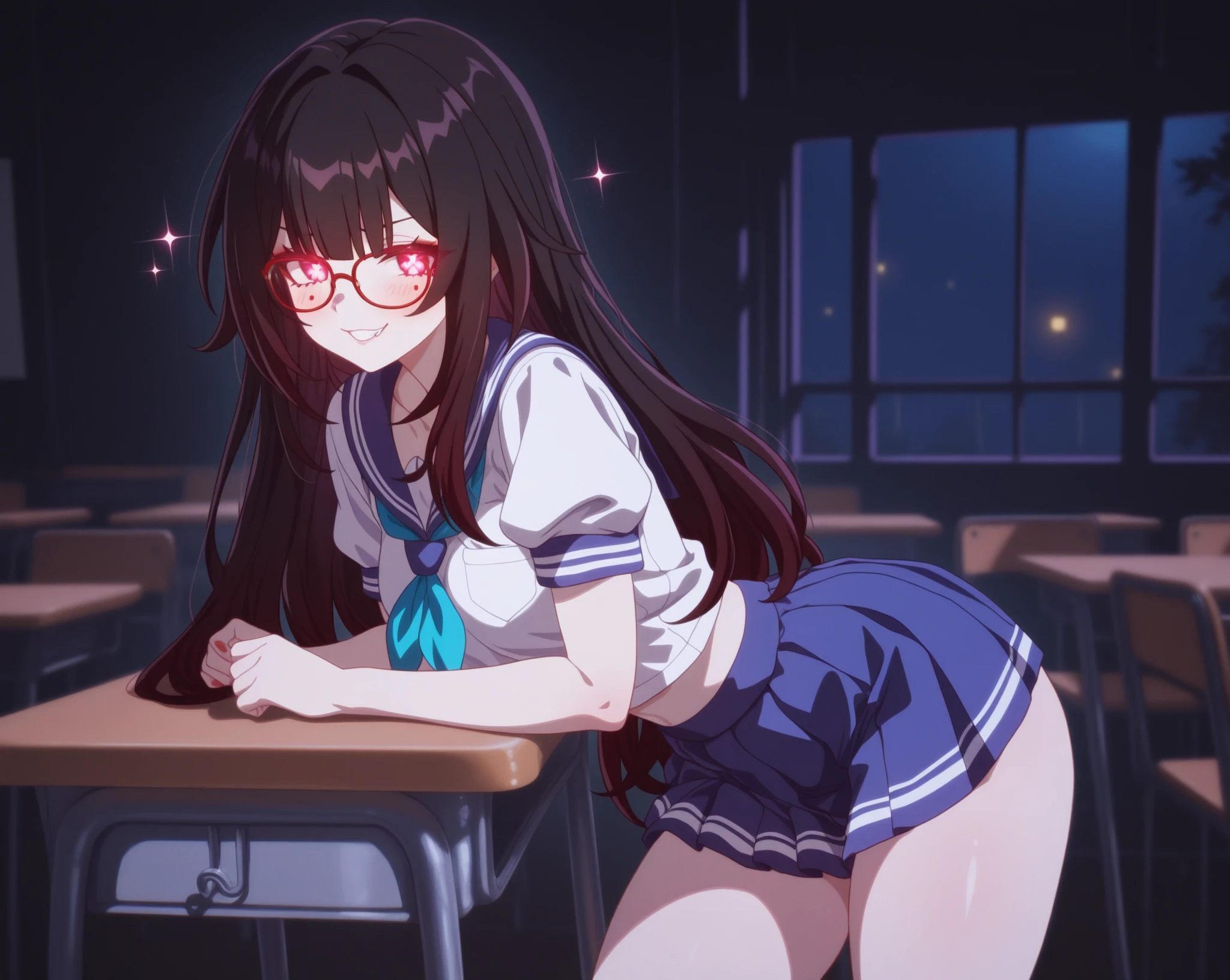 1girl,Solo,dark purple hair,yellow eyes,medium breasts,sailor,straight hair,pov,straight on,best quality, very aesthetic, absurdres,cowboy shot,Glasses,(pov),(nsfw),(Black socks)