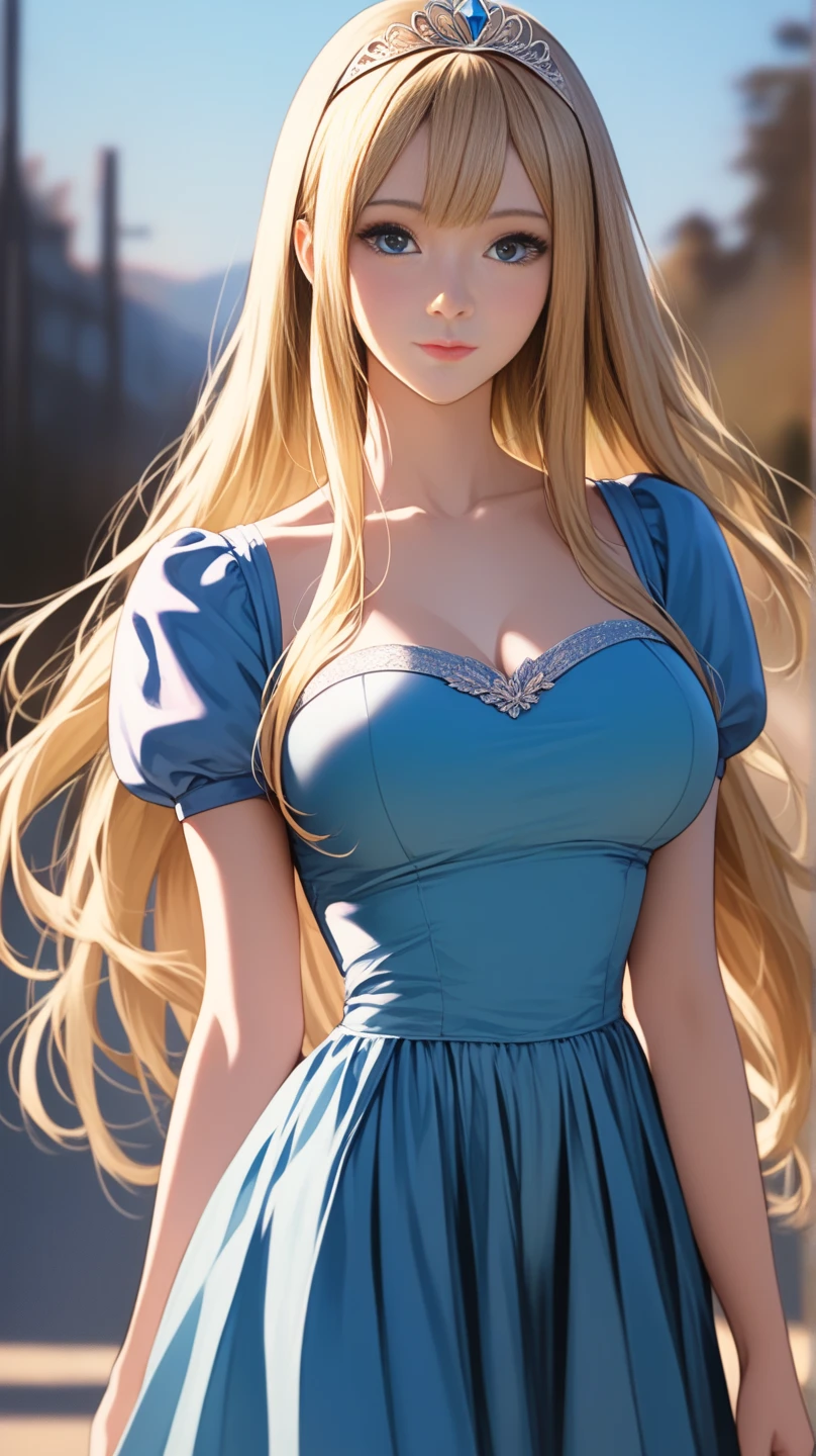 a close up of a woman in a blue dress with a white headband, artwork in the style of guweiz, ig model | artgerm, extremely detailed artgerm, hyper realistic anime, soft portrait shot 8 k, artgerm. anime illustration, in the art style of bowater, blonde - haired princess, 8k artgerm bokeh