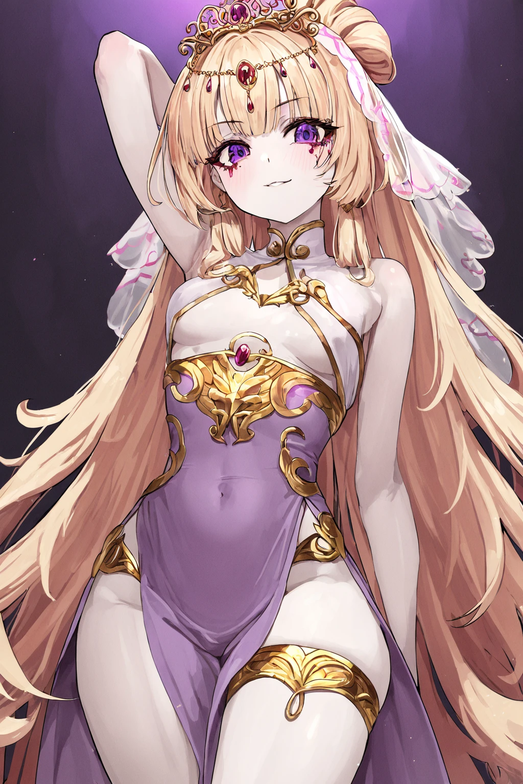shortstack girl, small girl, long blonde hair, twintails hairstyle, pointy ears, wide hips, huge breasts, pink leotard, full body, standing, crown, princess