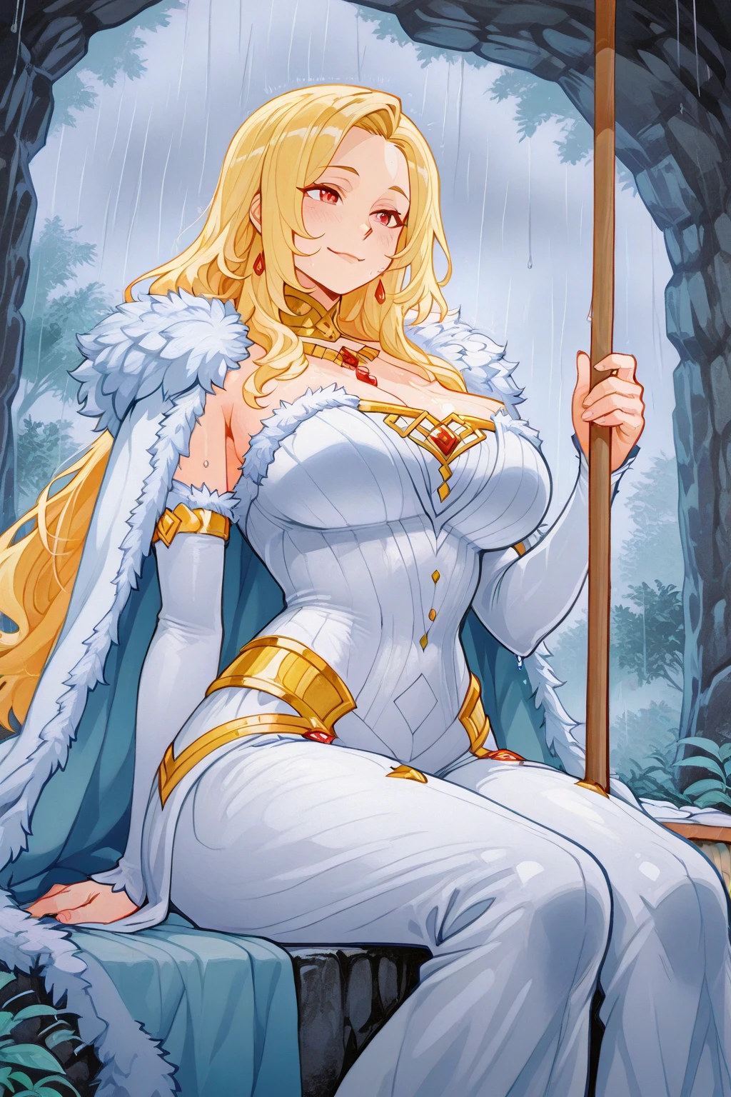 ((best quality)), ((highly detailed)), masterpiece, (detailed eyes, deep eyes), (1girl), cowboy shot, <lora:liru-wolf-girl:1>, liru, blue eyes, long hair, blonde hair, wolf girl, wolf ears, wolf tail, dark skin, facial mark, large breasts, fang, grin, <lora:whiteMageFashion_v10:.2>, wearing whm_glam, (wearing ffxiv white mage robes with golden embroidery), (on a flying island), <lora:joyride:.99>
