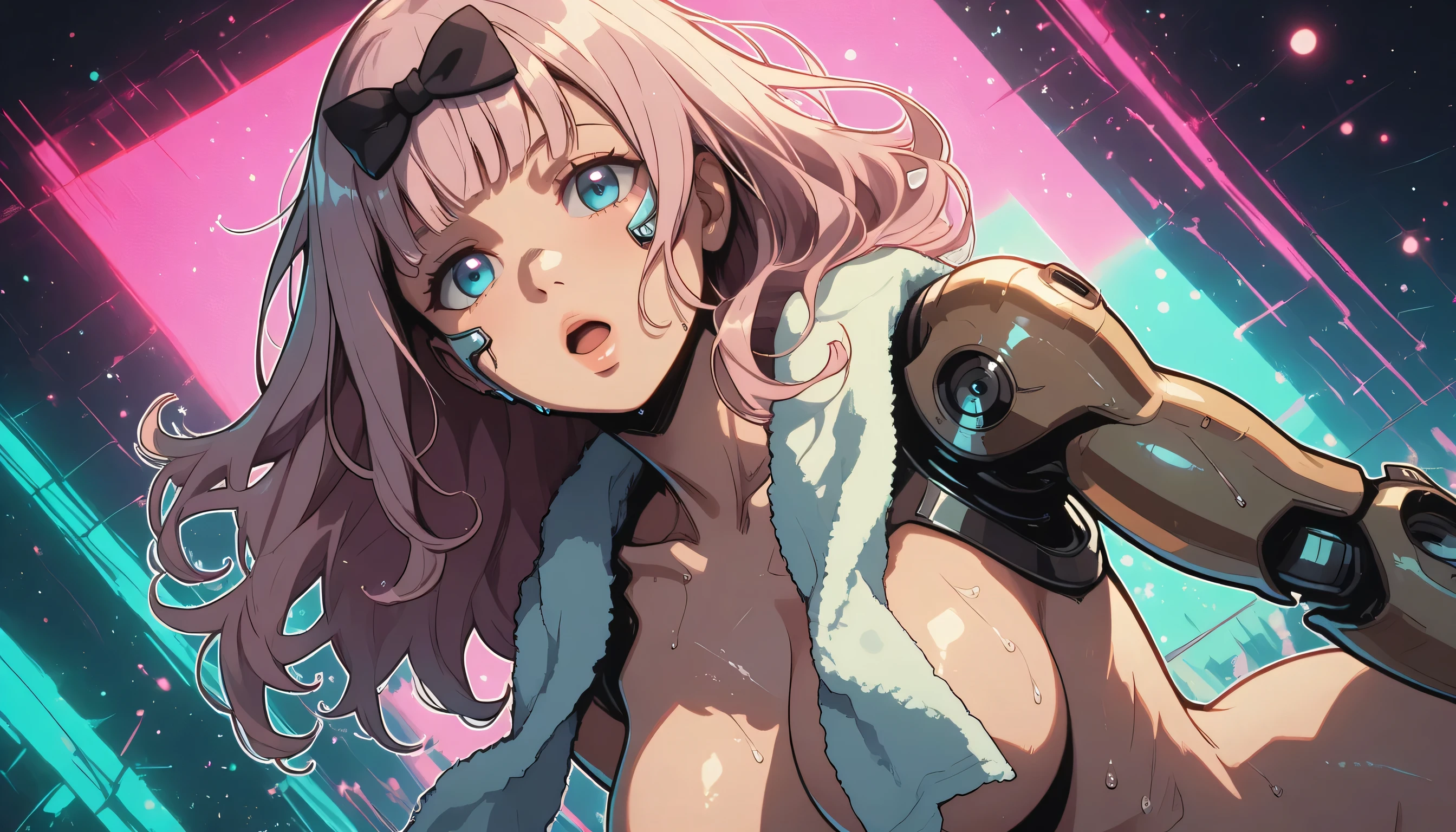 masterpiece, best quality, NLSTN, LDSCH, aesthetic, fujiwara_chika, black bow, soap, towel around the neck, :o, looking to the viewer, wet, convenient censoring, , lips, dynamic angle, dynamic pose, (neon background:1.4), (cyborg face:1.4), (outline:1.4), (particles:1.4), dynamic lighting, detailed, upper body, solo