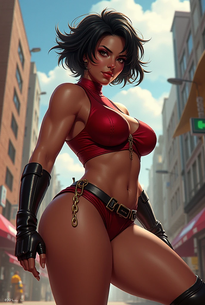 a woman, black hair, blue eyes, well defined body, short hair, red bikini, lady bug, well defined body, detailed body, detailed face, masterpiece, best quality, high quality, in a city,