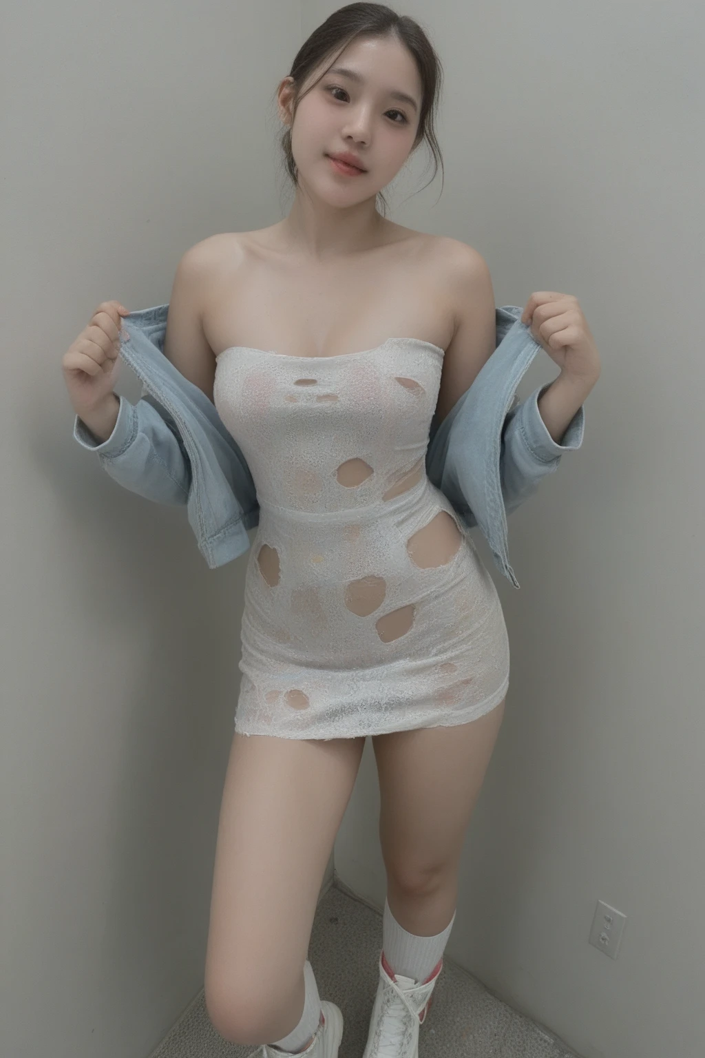 16 year old cute girl with wet thin tissue paper on bare skin takes strong shower from head, short cut hair, light on face, fun expression, transparent part mosaic, upper part is wet and slightly visible, embarrassed face, beautiful eyes, black hair, beautiful girl, ecstatic expression, NSFW show