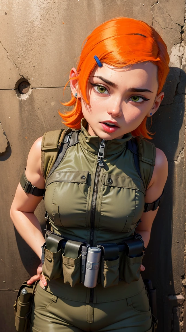 cute redhead woman in twin tails, multiple rainbow colored hair, sky-blue eyes, happy, Ukrainian, petite, pale skin, wearing a green metallic color bikini, post apocalyptic background, bleak barren desert, photo realistic woman. --auto