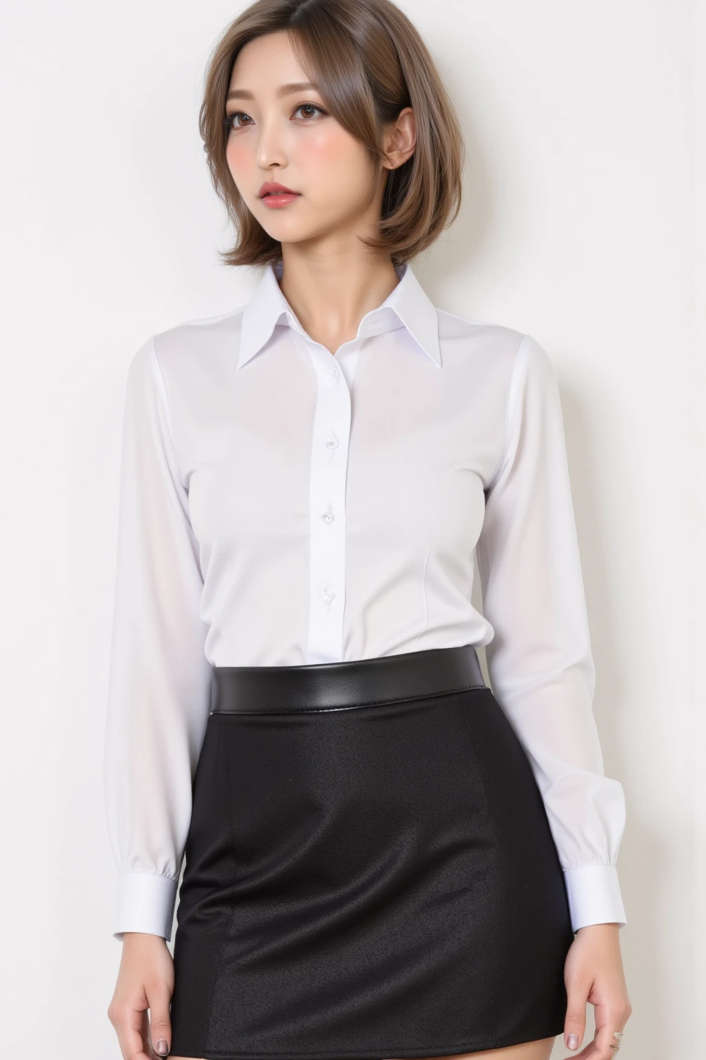 ((((Very short))))、Earrings、Collared shirt、、((((blunt bangs)))) ((Short bangs))、trimmed bangs、(((Inside of a fashionable clothing store)))、(masterpiece、highest quality、In 8K、32k、masterpiece、Hmph、Super huge 、超A high resolution、Impressionism、Photorealistic:1.2)、Cowboy Shot、Sharp focus、Beautiful face with detailed background of face and eyelids、Blue sky、Glowing Skin、Sharp pupils、Realistic eyes and beautiful face、Blurred Background、Beautiful 28 year old girl、Glowing Skin、(((bright and beautiful hair)))、Iris、(((Simple blouse)))、(Knee-length skirt)、(Very few(Blanche)I see scanti:1.45)、Thighs Thighs Thighs Thighs、curve、Dynamic pose、Powerful composition、((Melancholic expression))、((A look of contempt))、sweating、((Pink gold hair color))、Lace panties、((Source Order))、High nose、(Small Mouth)、Skirt rip、((Grab the skirt))、stockings、Pubic hair is visible、clerk、(Wearing a name tag)